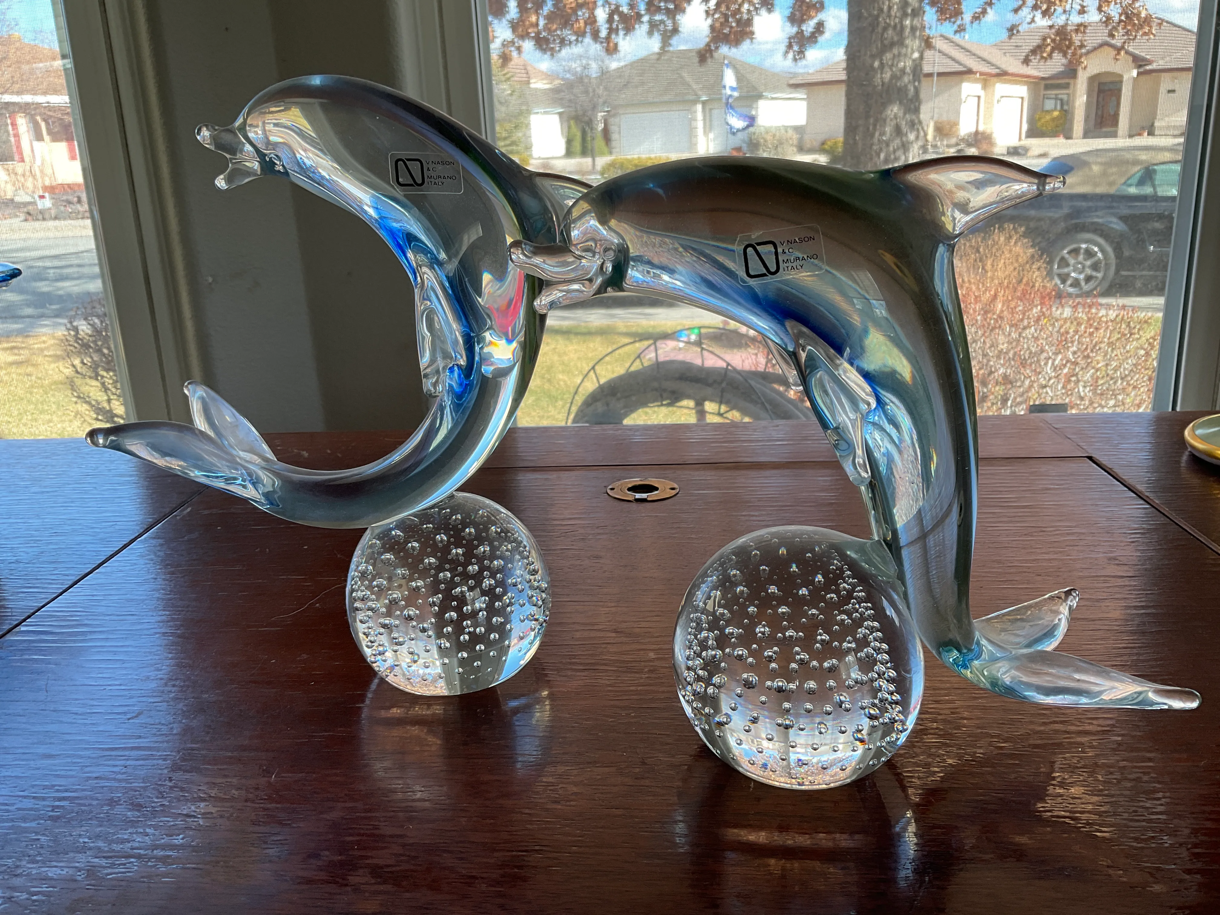 Set of 2 Murano v. Nason and Co. Glass Dolphins on Bullicante