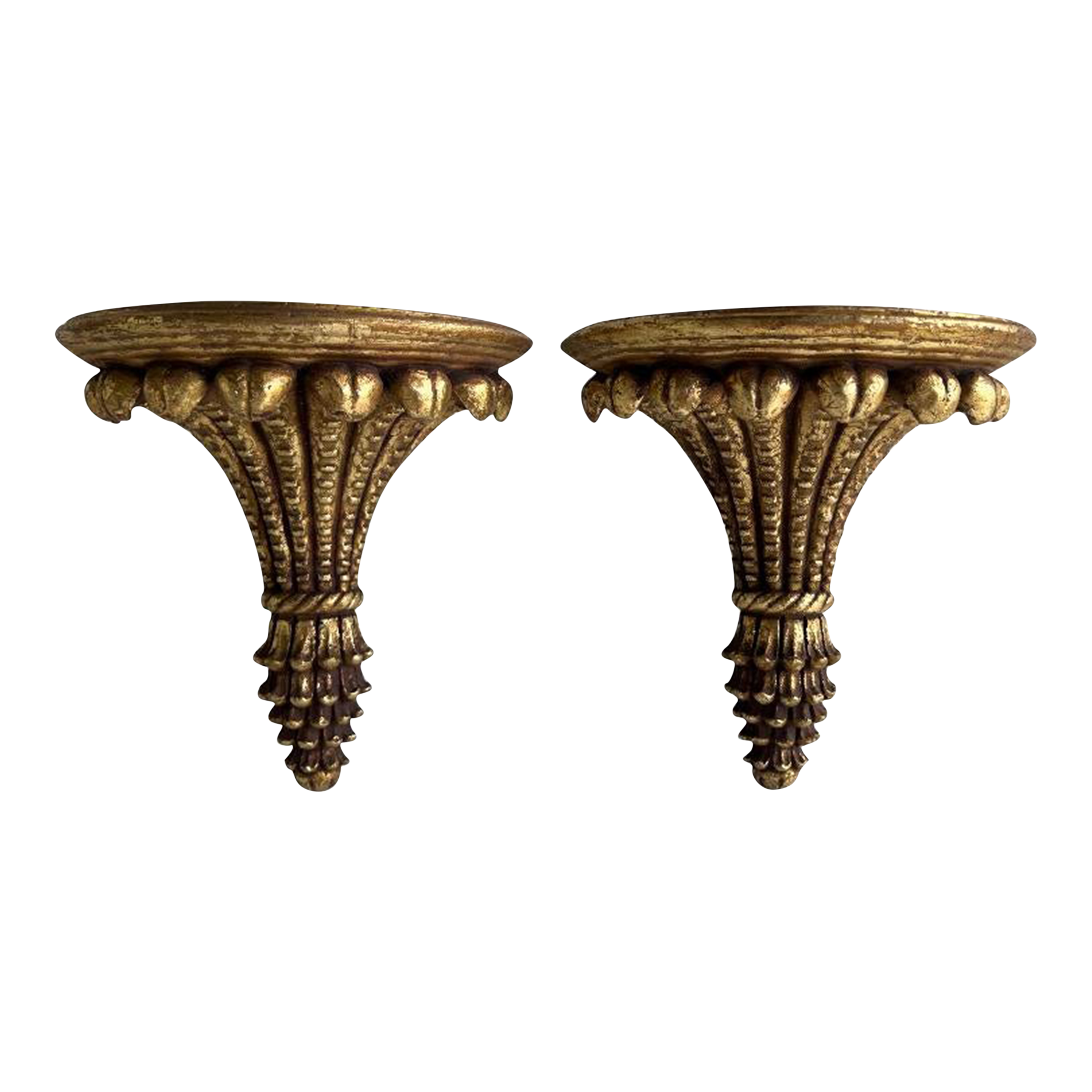 1980s Gold Ornate Hanging Wall Shelves With Golden Wheat Pattern Wall