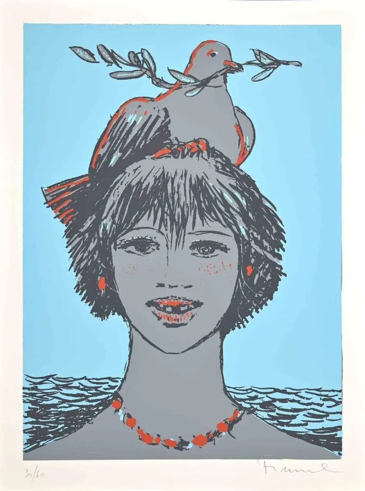 Salvatore Fiume, Portrait with Dove, Screen Print, 1970s