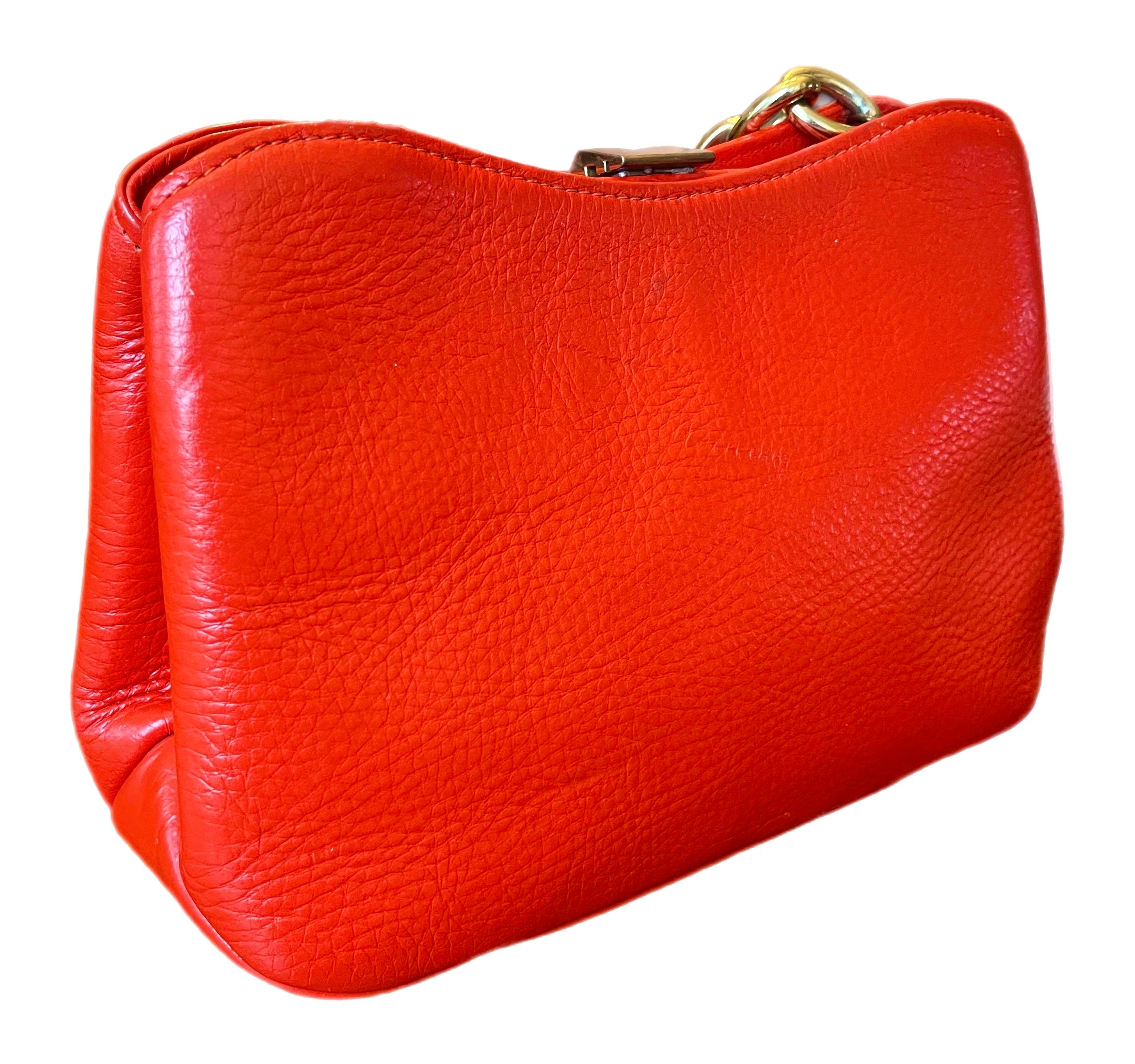 Saks Fifth Avenue Red Pebbled Leather Bag With Thick Chain
