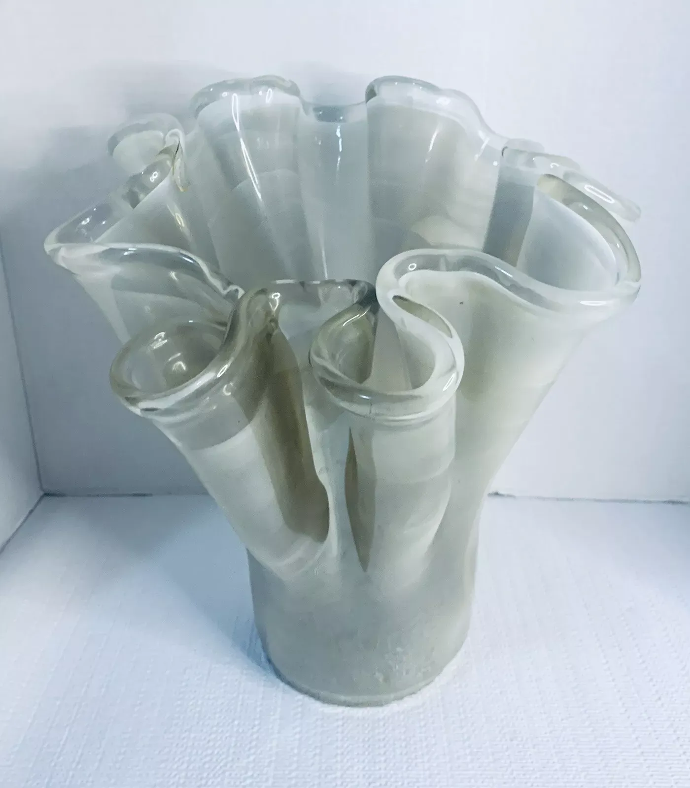 Vintage Murano Large Glass Vase Ruffled Top