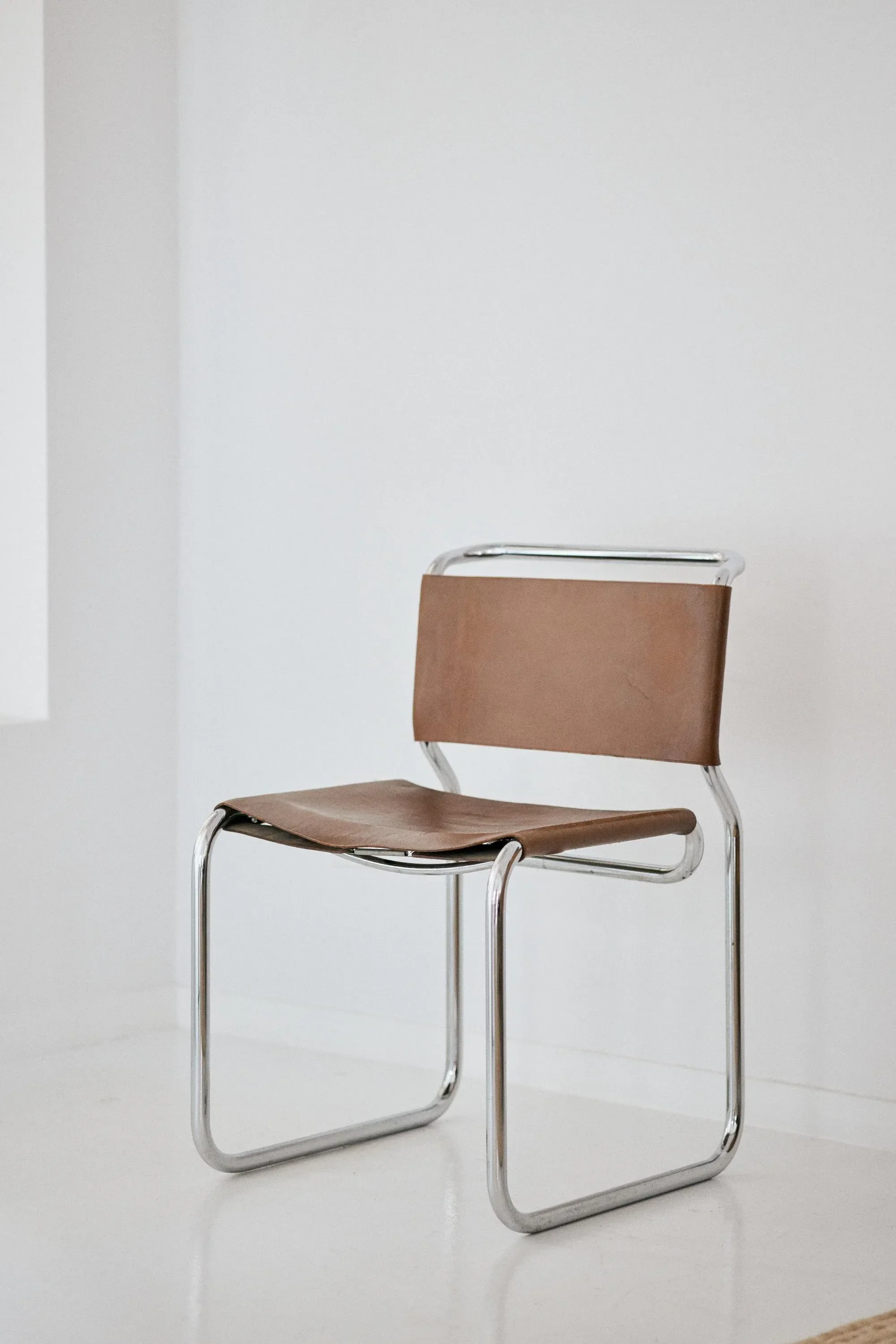 1960s Nicos Zographos “Ch66” Brown Leather and Chrome Side Chair