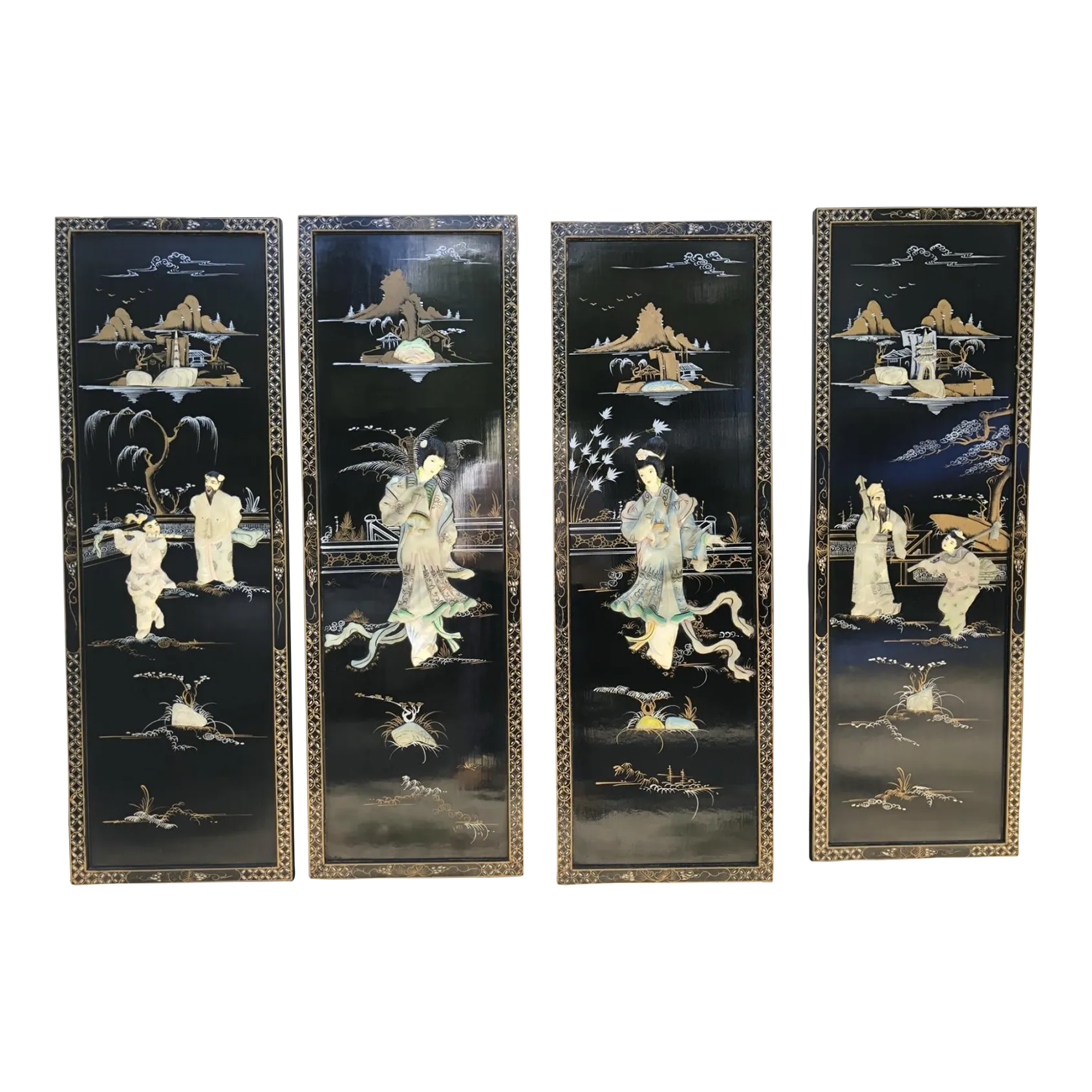 Vintage 4-Panel Wall Mounted Inlaid Japanese Coromandel Wall