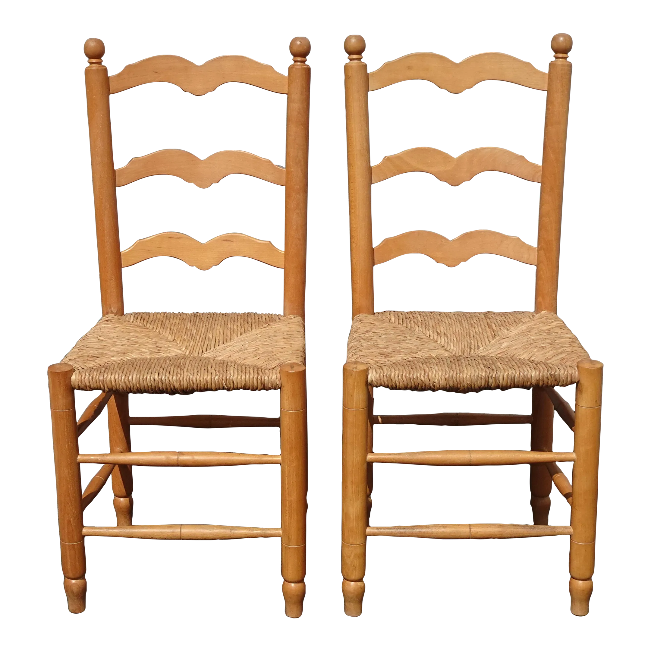 Pair of Vintage French Country Rush Tan Side Chairs W Cushions