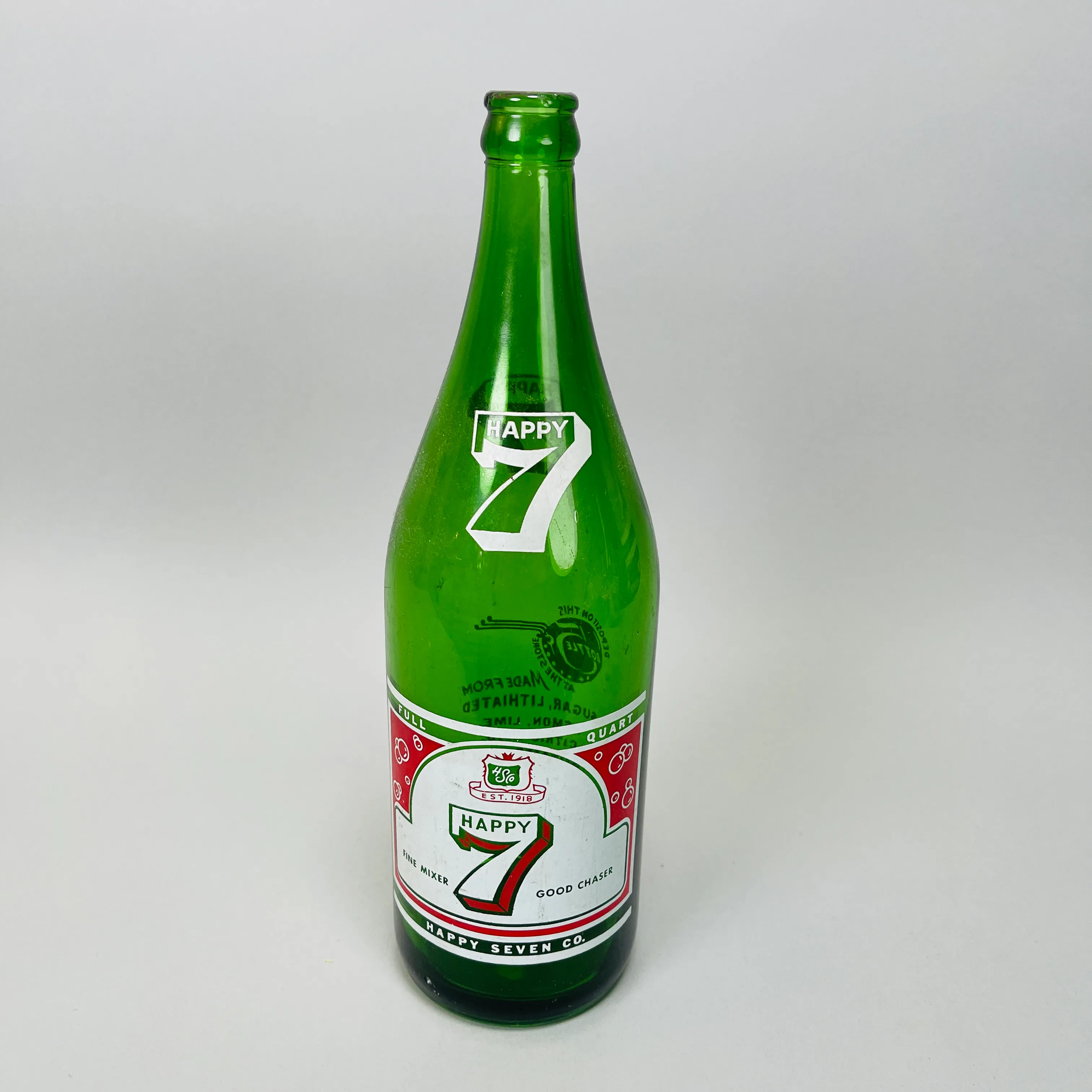 Vintage 1940s-50s Acme Beverages & Happy 7 Soda Bottles Green Glass Barware  - Set of 2