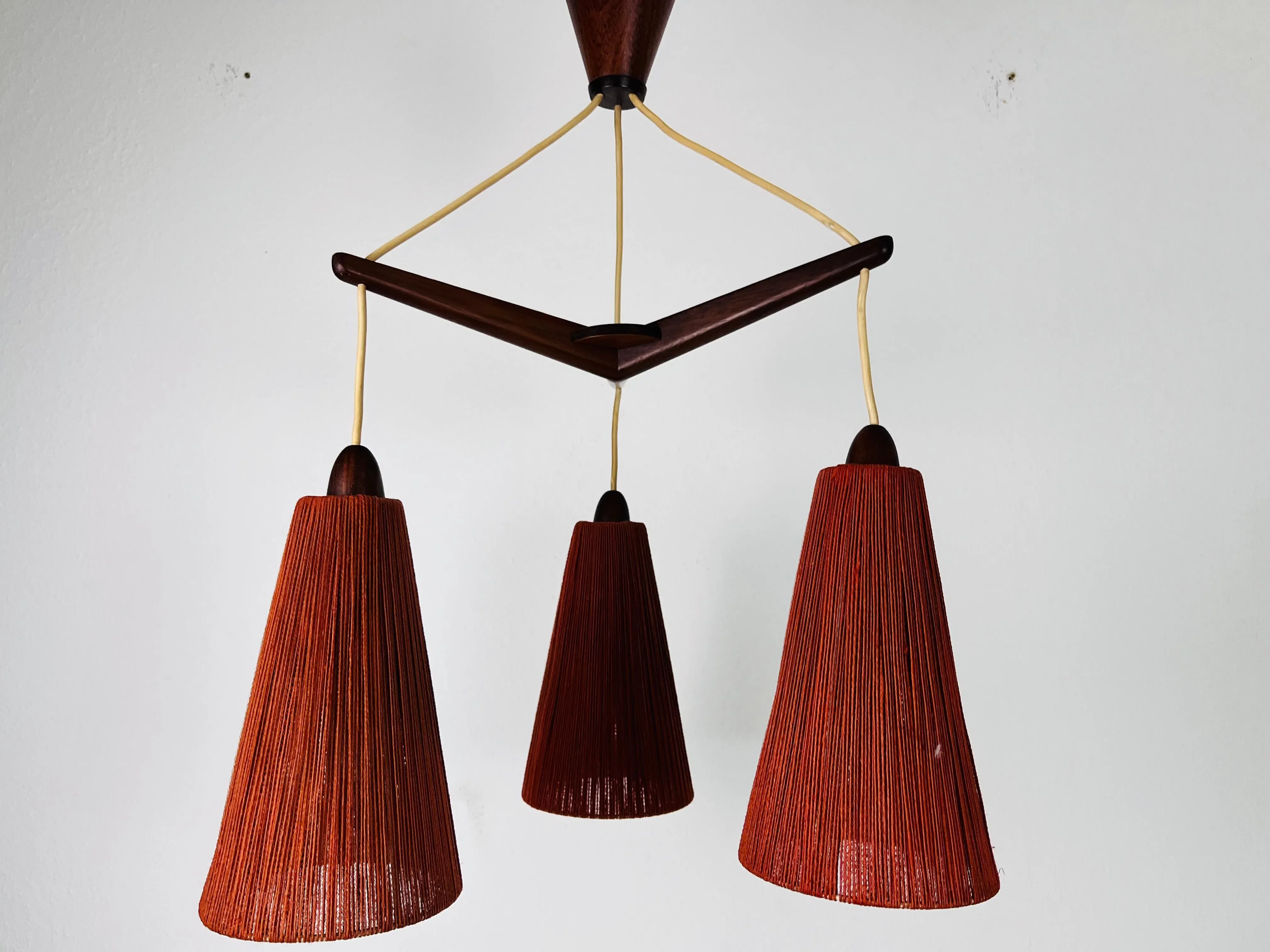 Midcentury Teak and Cord Shade Hanging Lamp by Temde, circa 1960