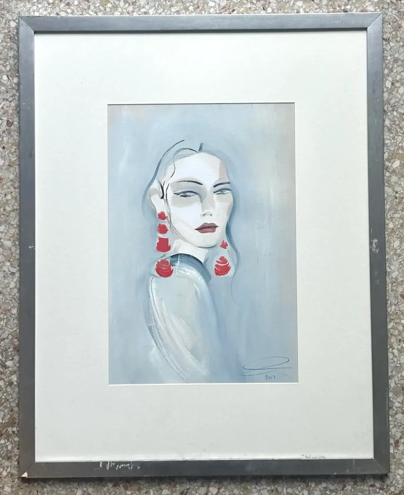 Vintage Boho Abstract Portrait of Women Watercolor on Paper, Framed