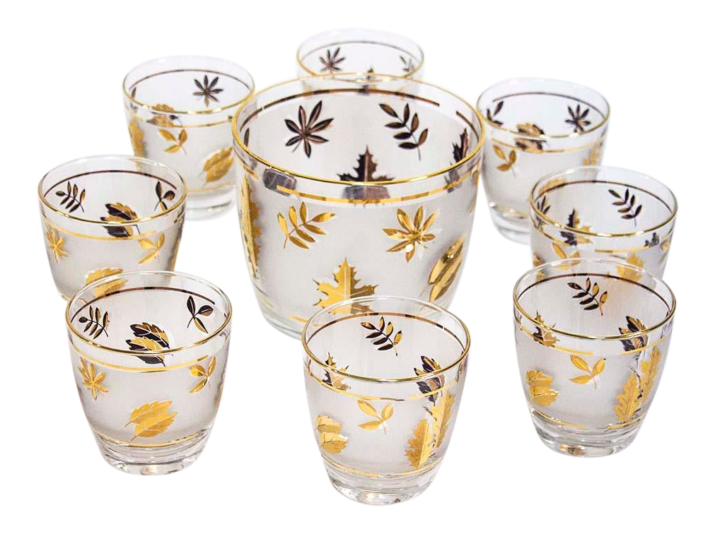 MidCentury Libbey Golden Foliage Glasses Ice Bucket & 8 Old