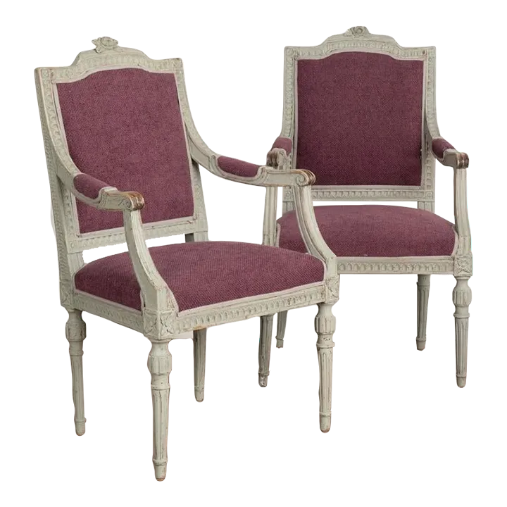 Pair, Antique Gray Painted Gustavian Arm Chairs, Sweden Circa 1880