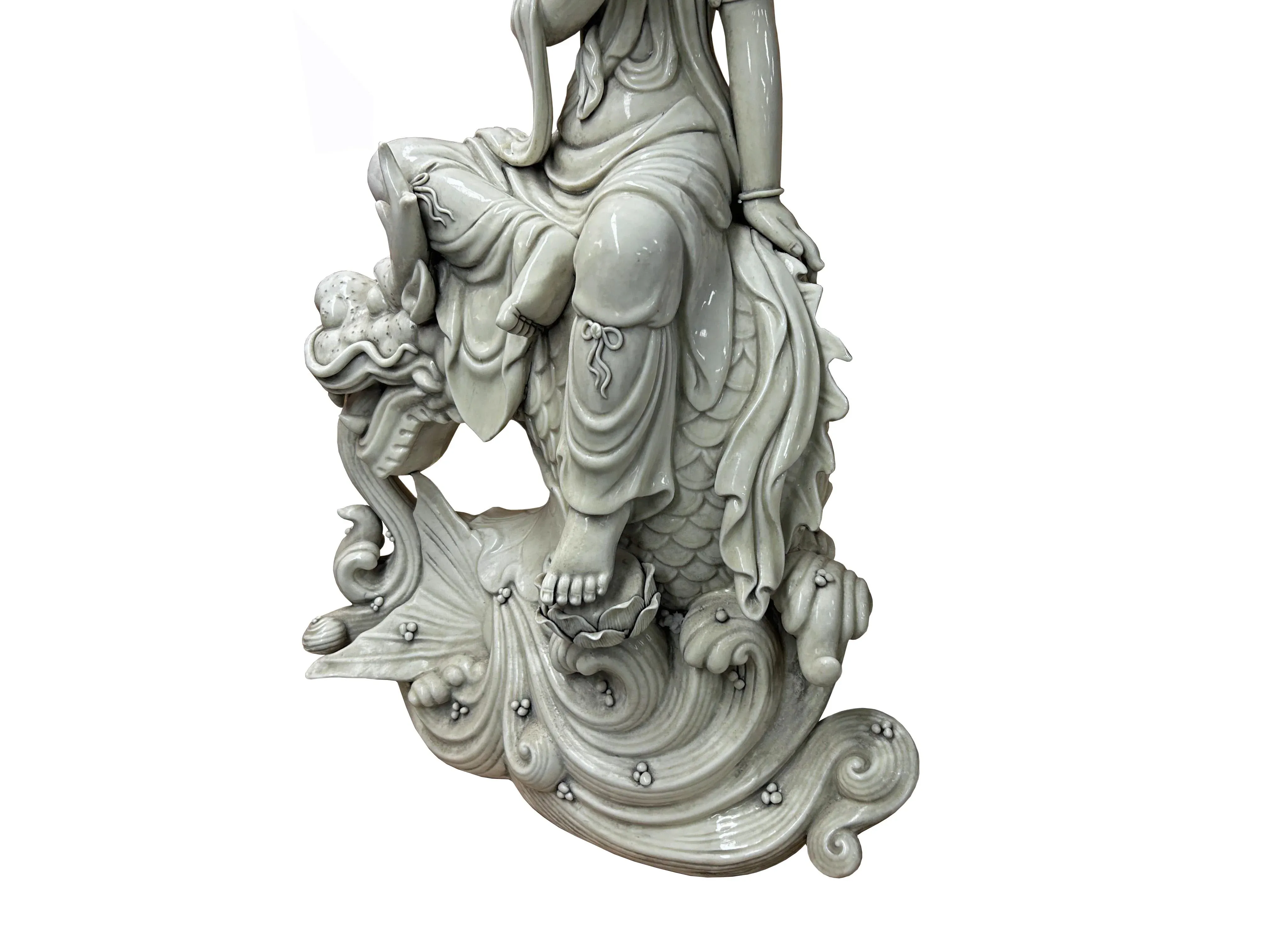 Chinese Handcrafted GuanYin Bodhisattva on Dragon White Porcelain Statue