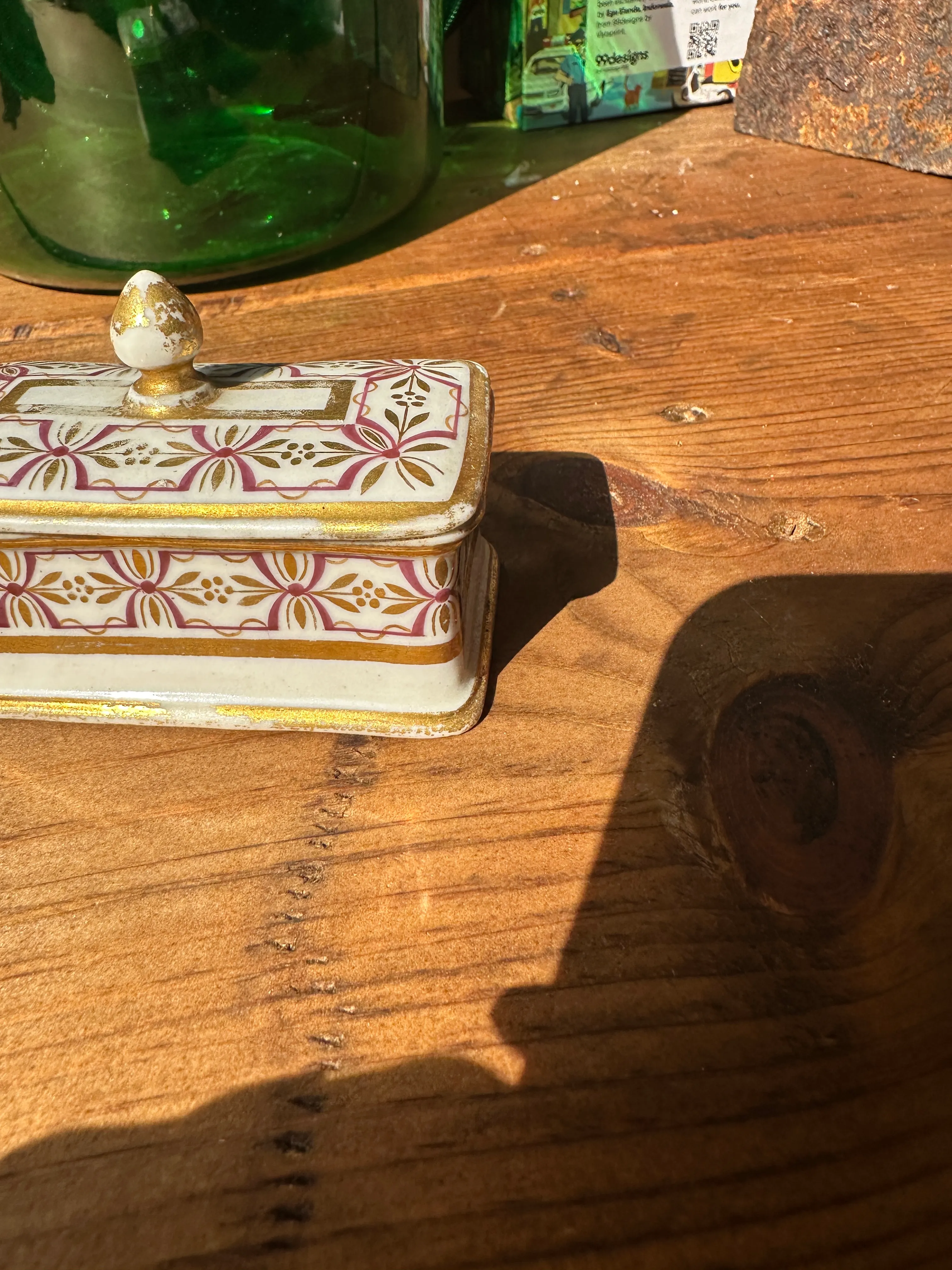 Small 1970s Ceramic Catchall With Matching Lid and Gold Accents