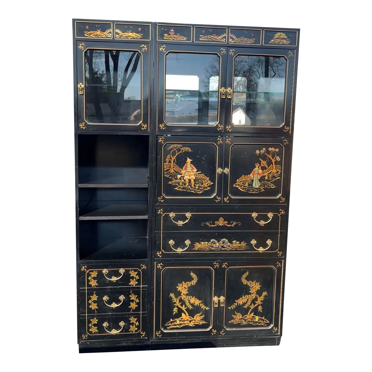 1970s Jasper Cabinet Co. Chinoiserie Black Lacquer Hand Painted