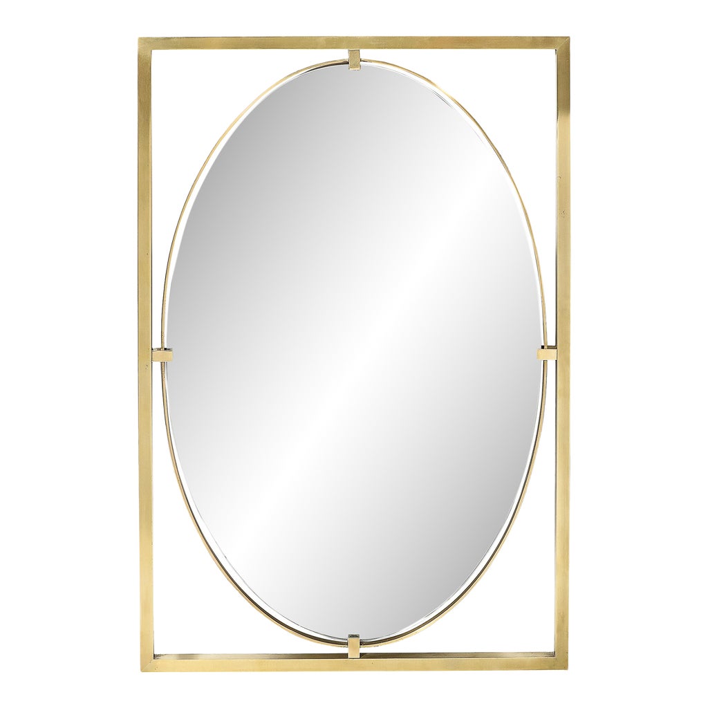 Mid-Century Polished Brass Rectilinear Open Frame Oval Mirror by John ...
