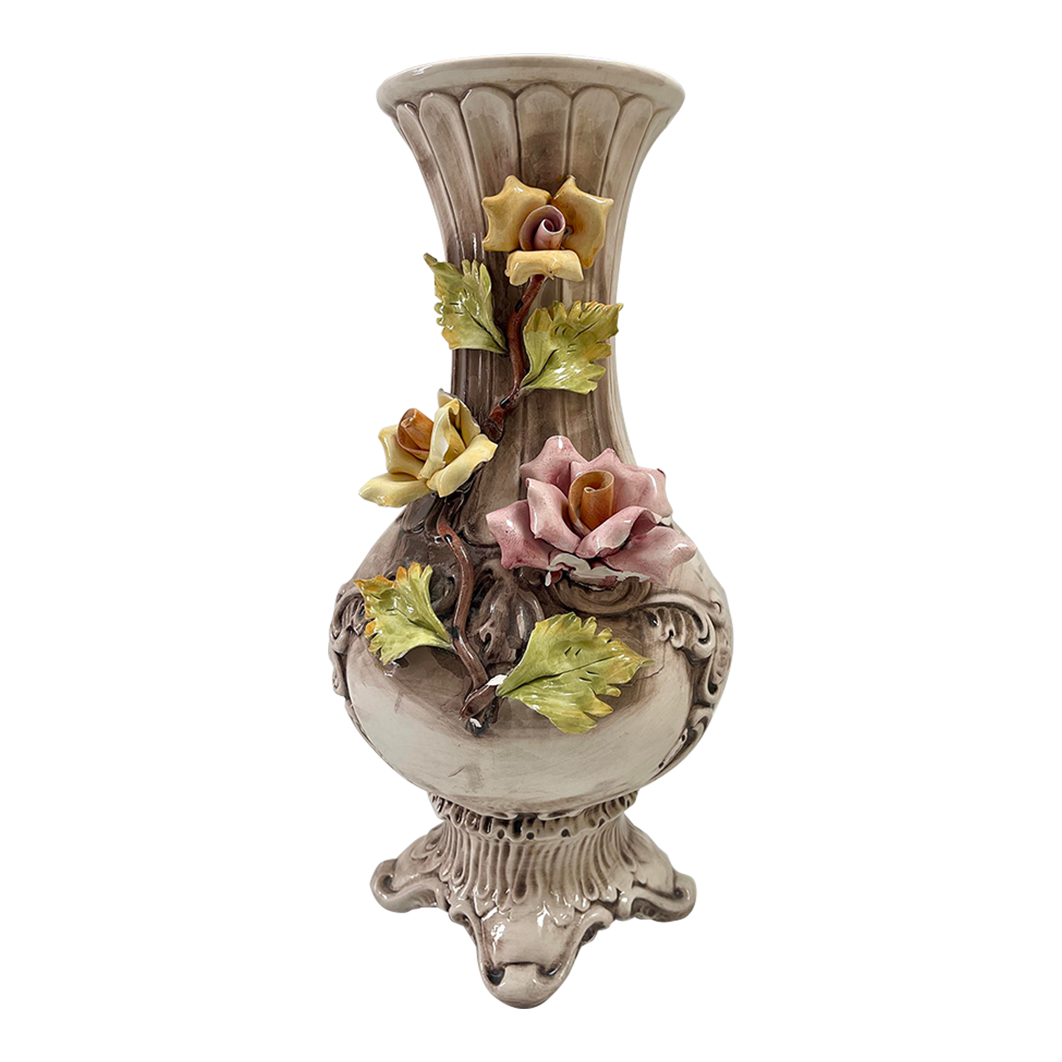 Tall Vintage Capodimonte Porcelain Floral Vase, Made in Italy