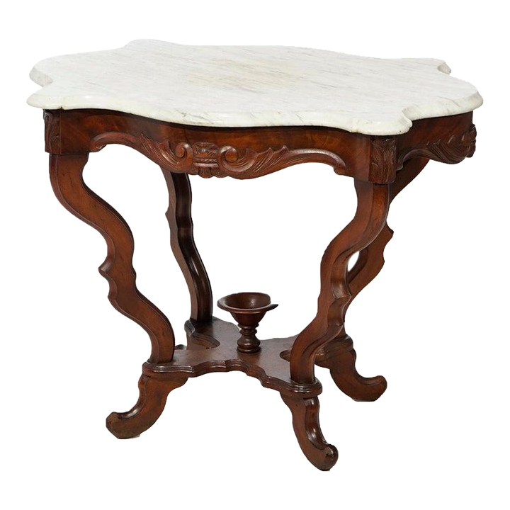 Antique Victorian Walnut & Marble Turtle Top Parlor Table Circa 1890