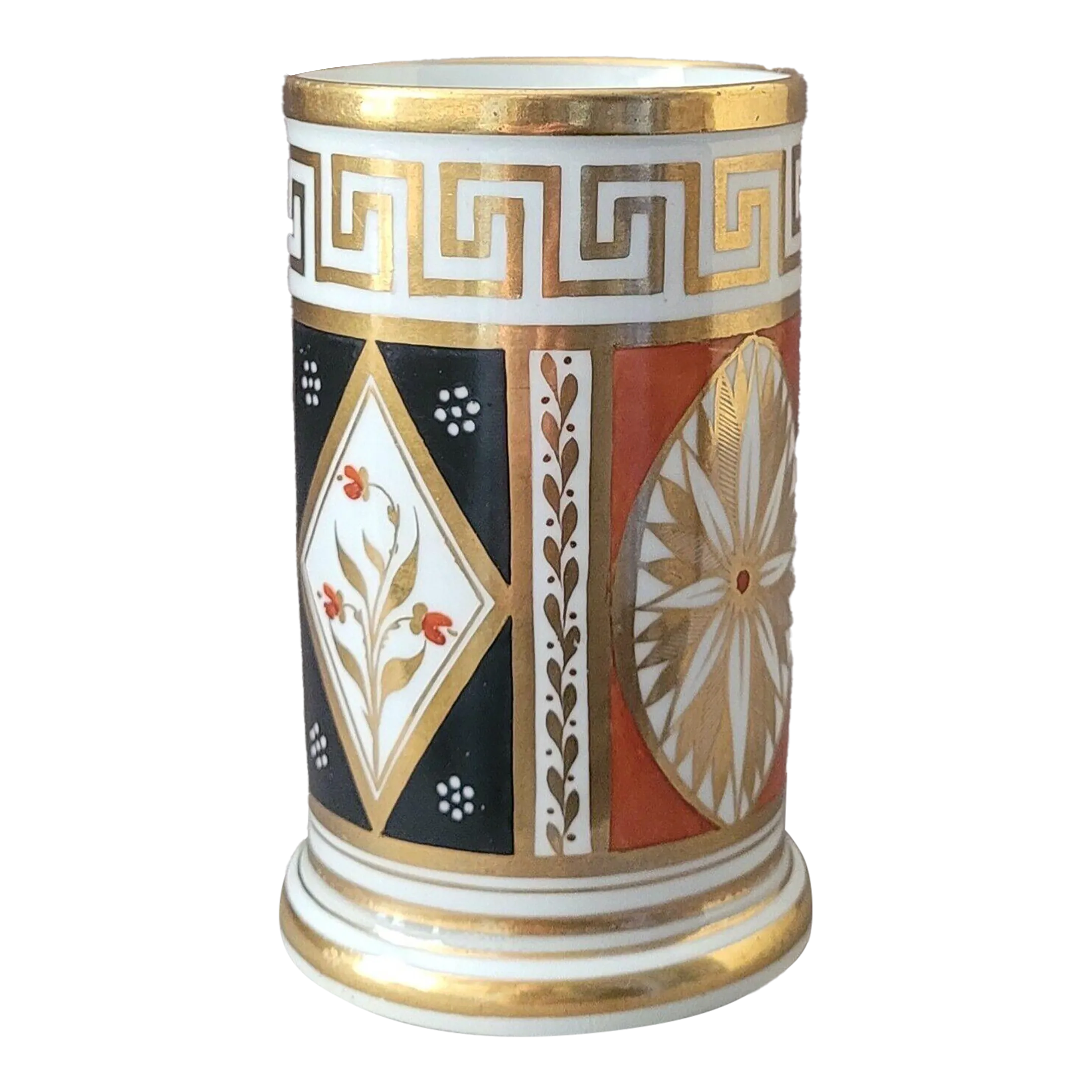 Antique Early 19th Century English Regency Coalport Porcelain Cylinder Mantel Vase With Greek Key Circa 1810