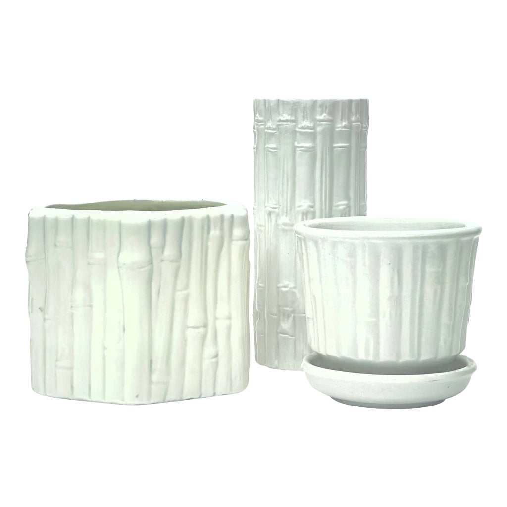 Hollywood Regency White Ceramic Faux Bamboo Containers - Group of 3 ...