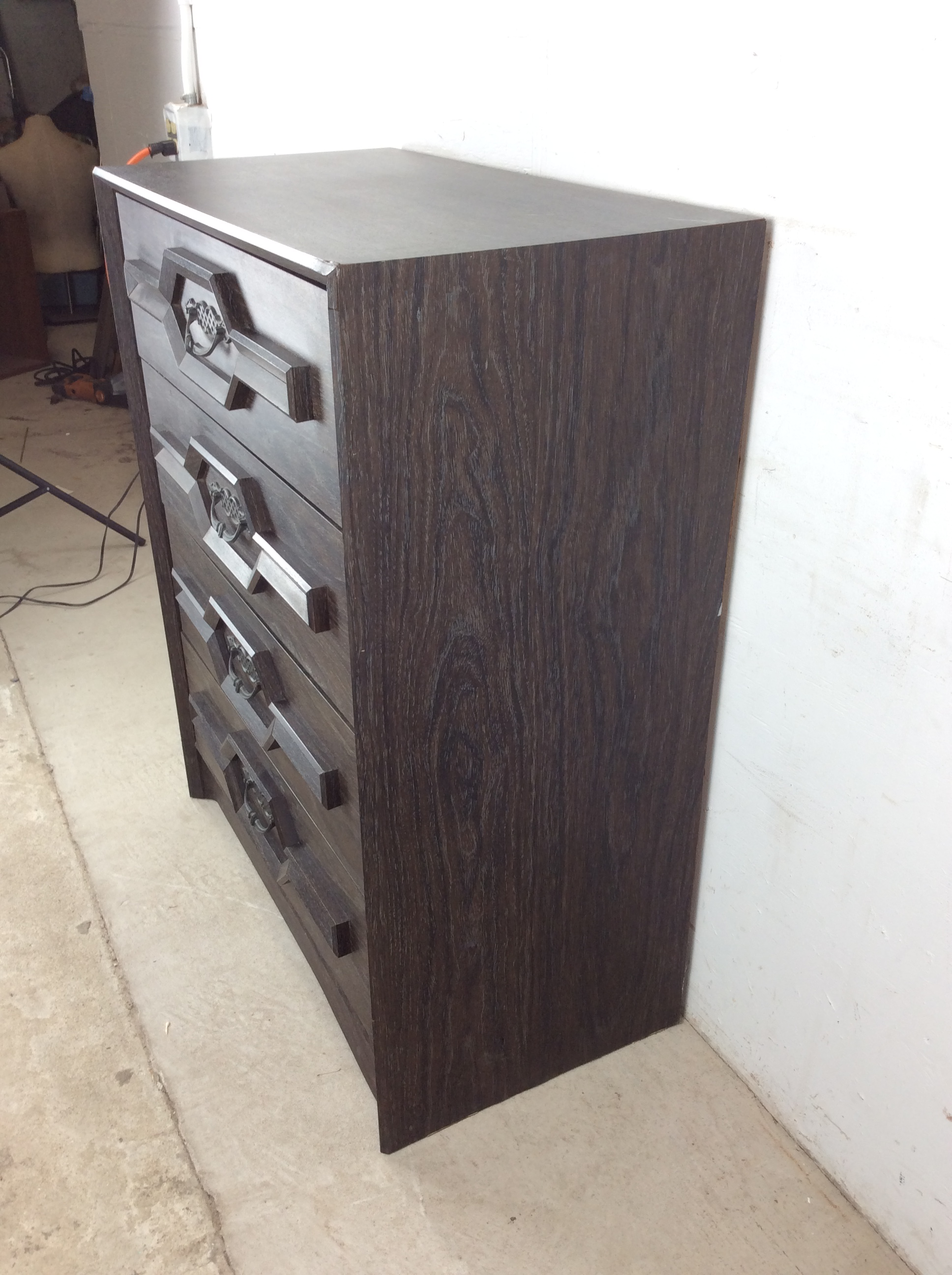 Mid Century Modern Four Drawer Highboy Dresser With Black Stained Finish