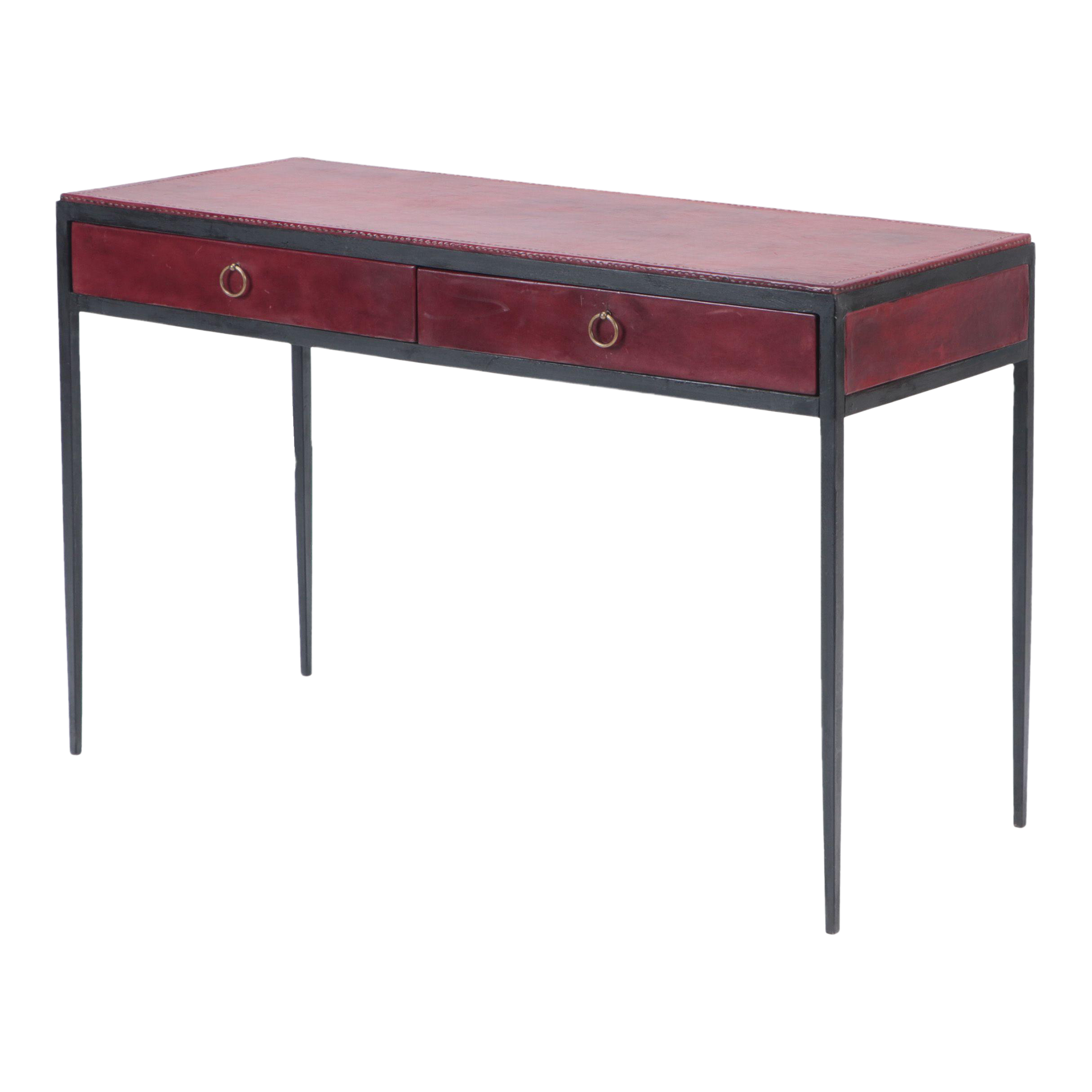 Iron and Burgundy Leather Writing Desk in the Manner of JeanMichel