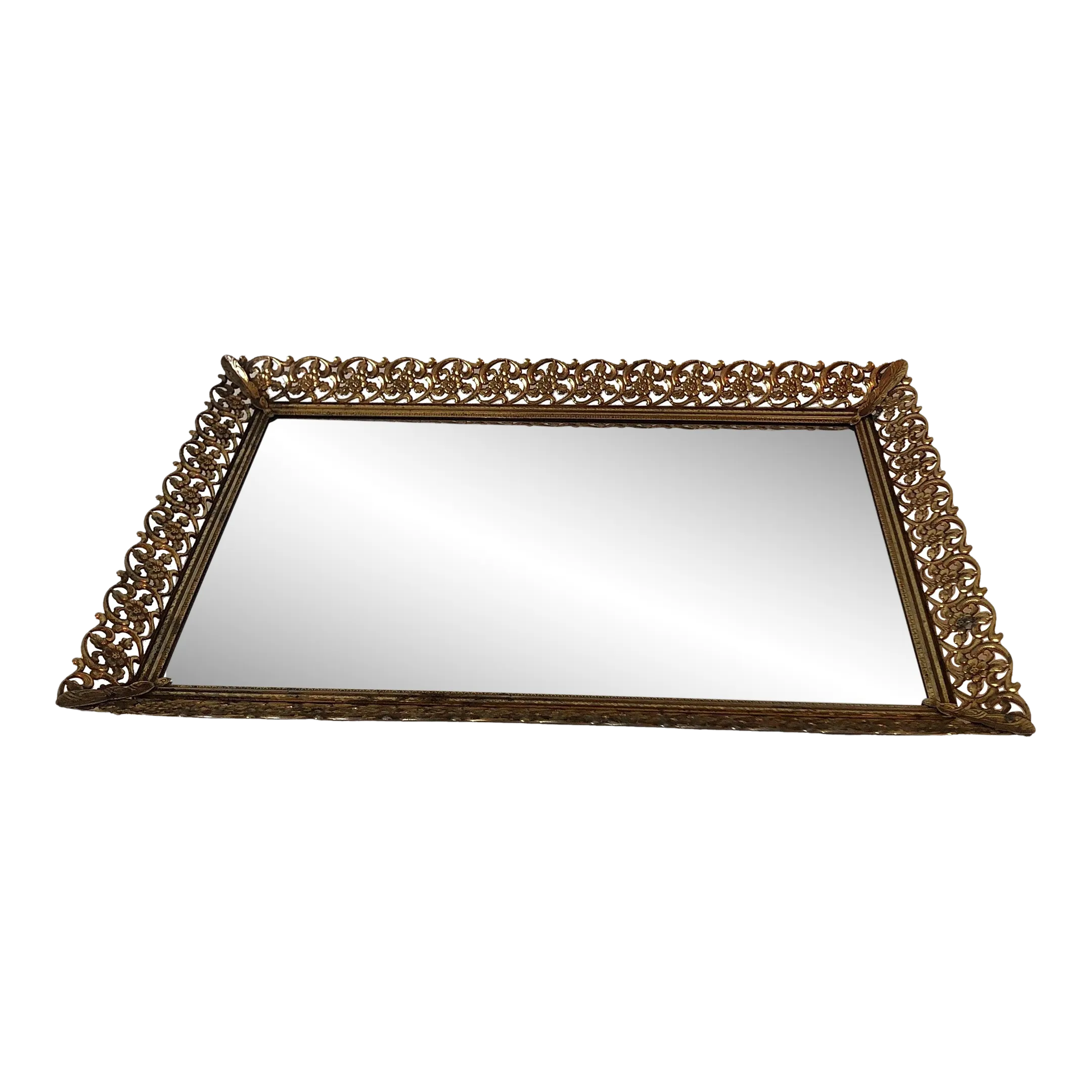 Large Vintage Filigree Apron Vanity or Serving Brass Mirror Tray Chairish