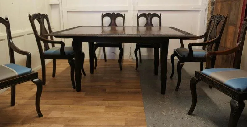Carved Dining Table and Chairs, 1920s, Set of 7
