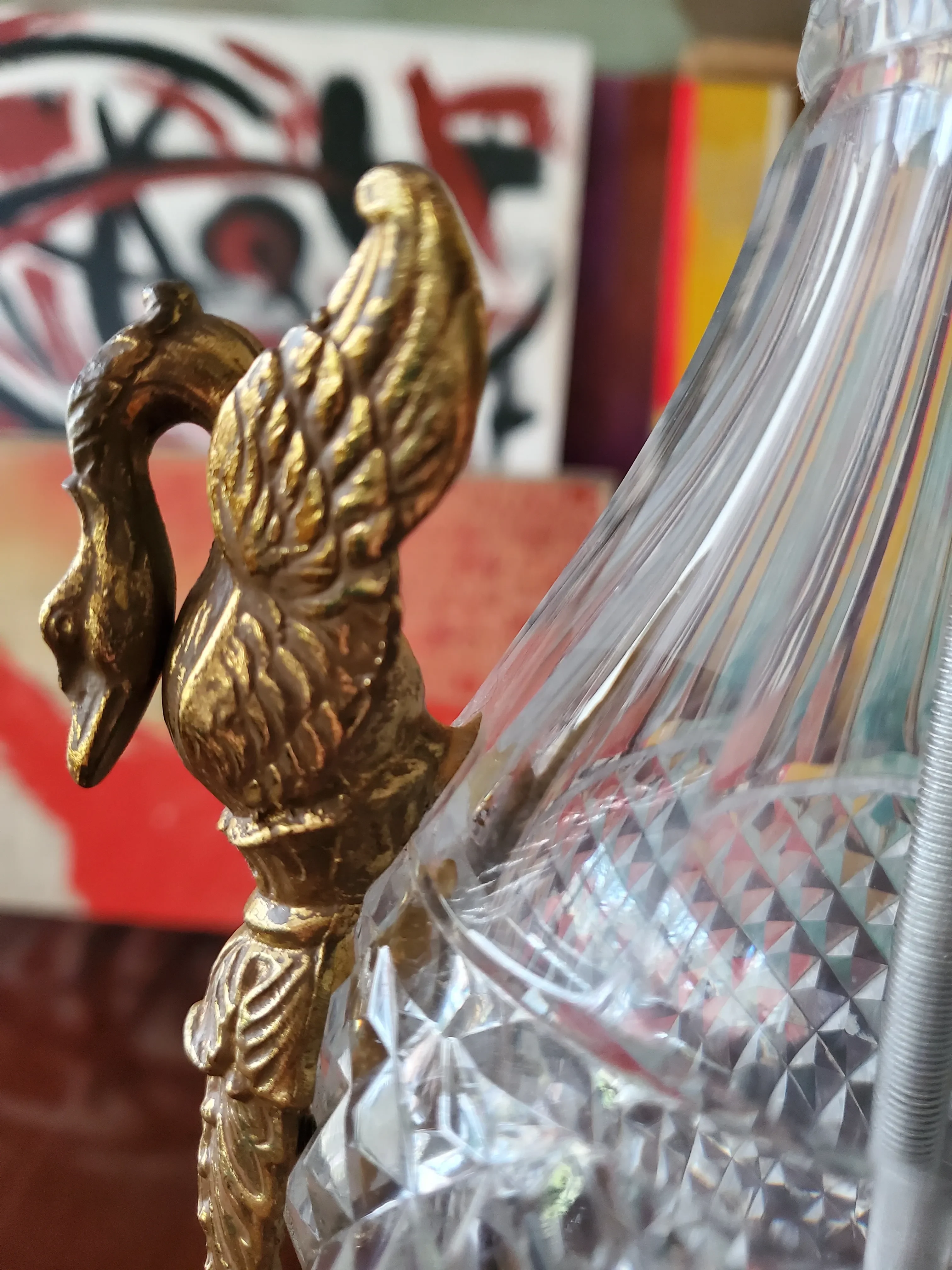 Antique 1910s Baccarat Style Crystal Bronze Swan Lamps Pair | Chairish