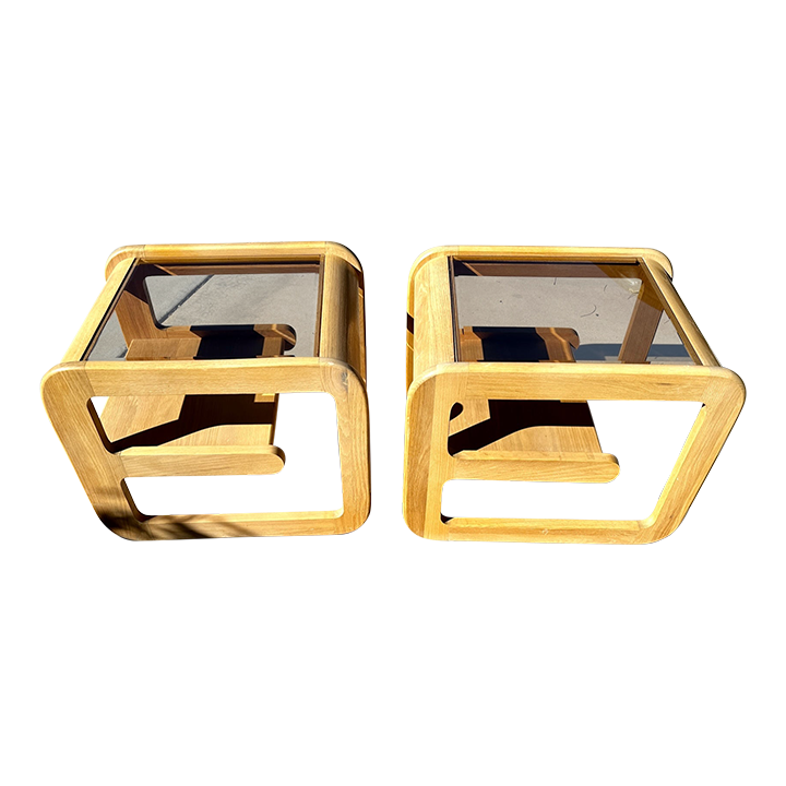 MidCentury Pair of Lou Hodges Oak/Smoked Glass End Tables Chairish