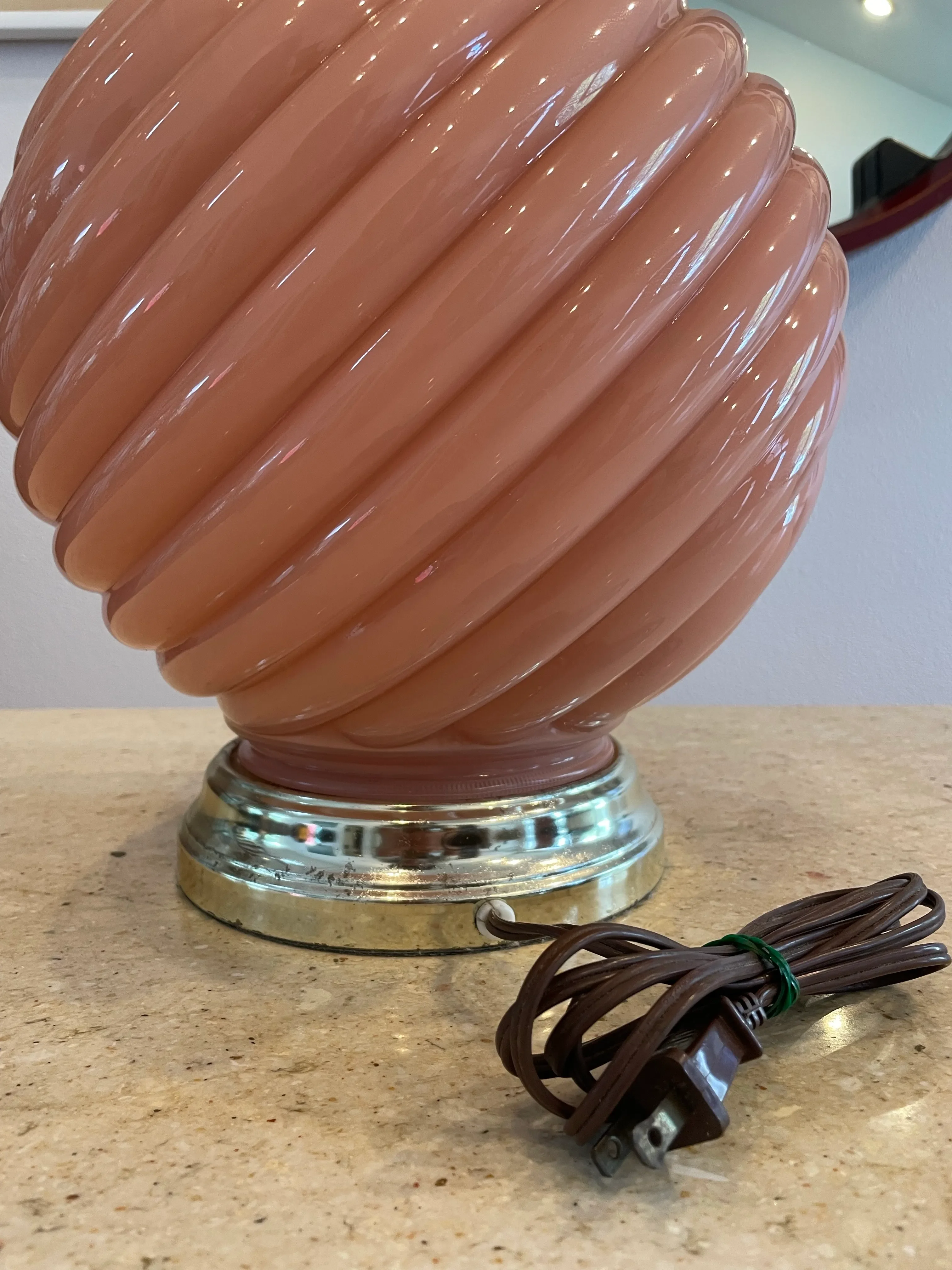 Postmodern Blush Pink Ribbed Glass Lamp With Polished Brass Base