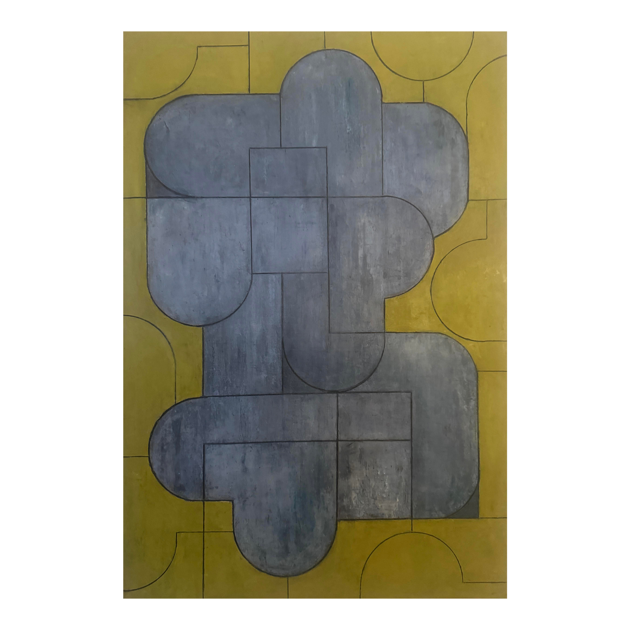 Contemporary Geometric Abstract Oil and Cold Wax Painting Blue Chartreuse by Stephen Cimini