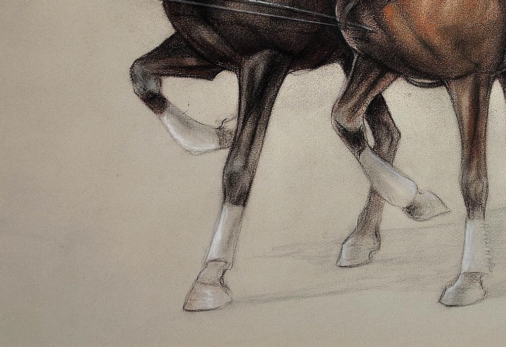 Cecil Aldin, Trotting Horses Harnessed to a Lightweight Four Wheel Cart Trap, Chalk Drawing, Framed