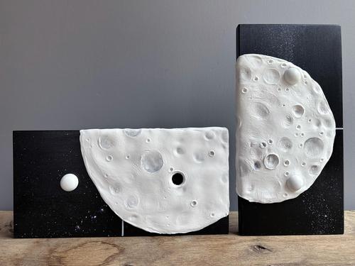 Vera Vizzi, Lunar Crater, 2026, Blue and White Foam Clay Relief on Wood