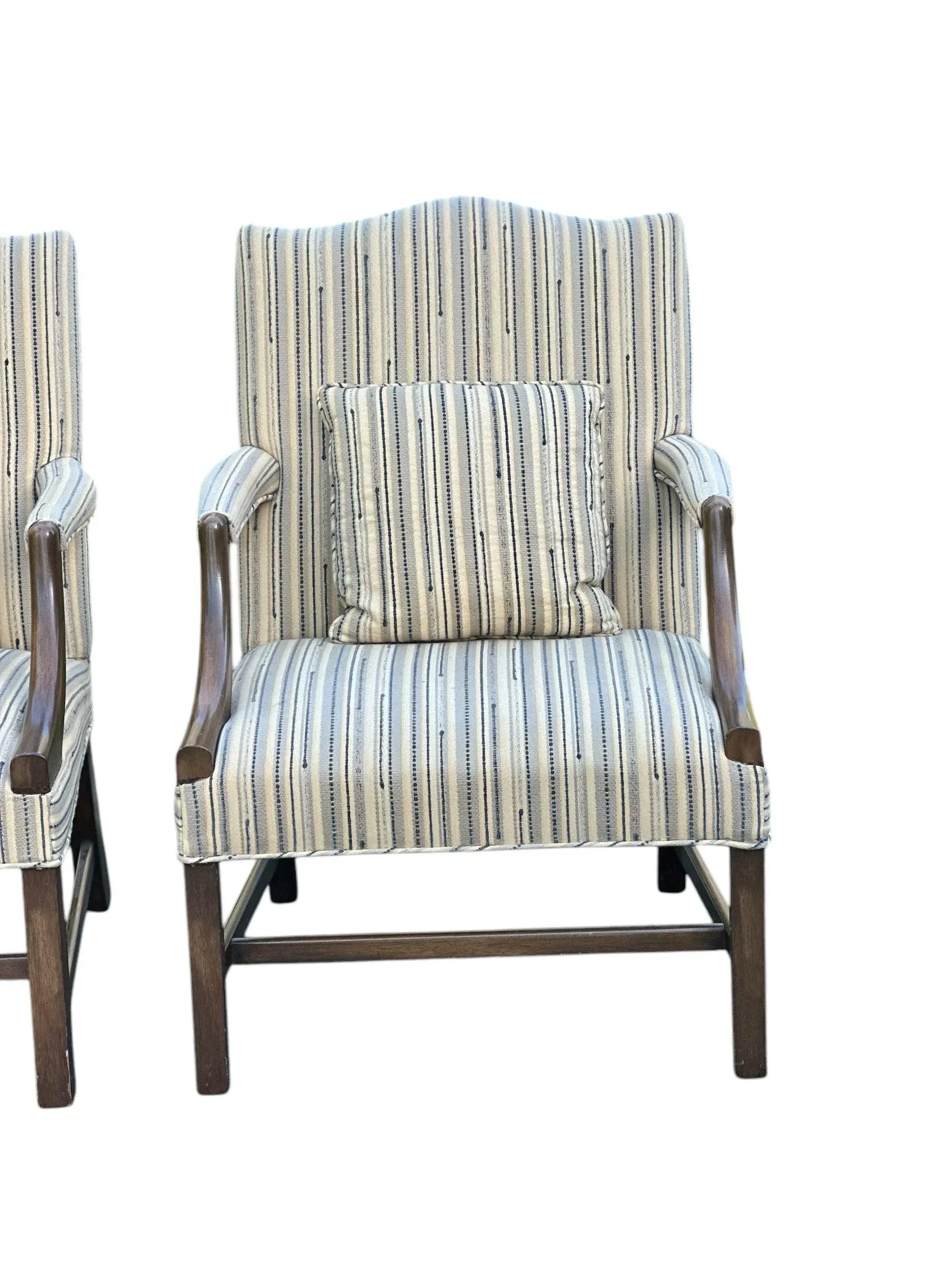 Pair of Late 20th Century Custom Upholstered Chippendale Style Vintage Armchairs With Two Matching Cushions