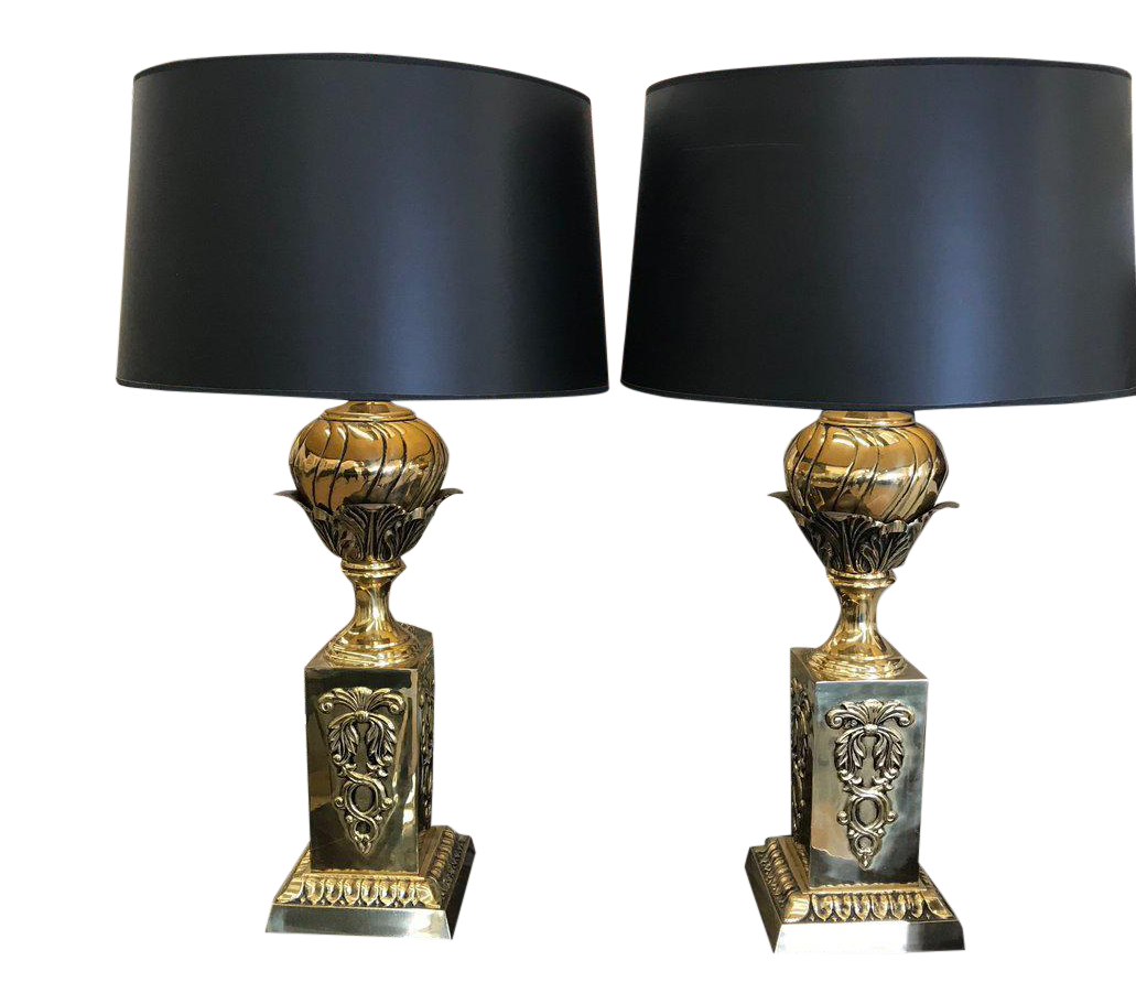 Vintage Italian Solid Brass Lamps With Black Shades a Pair Chairish
