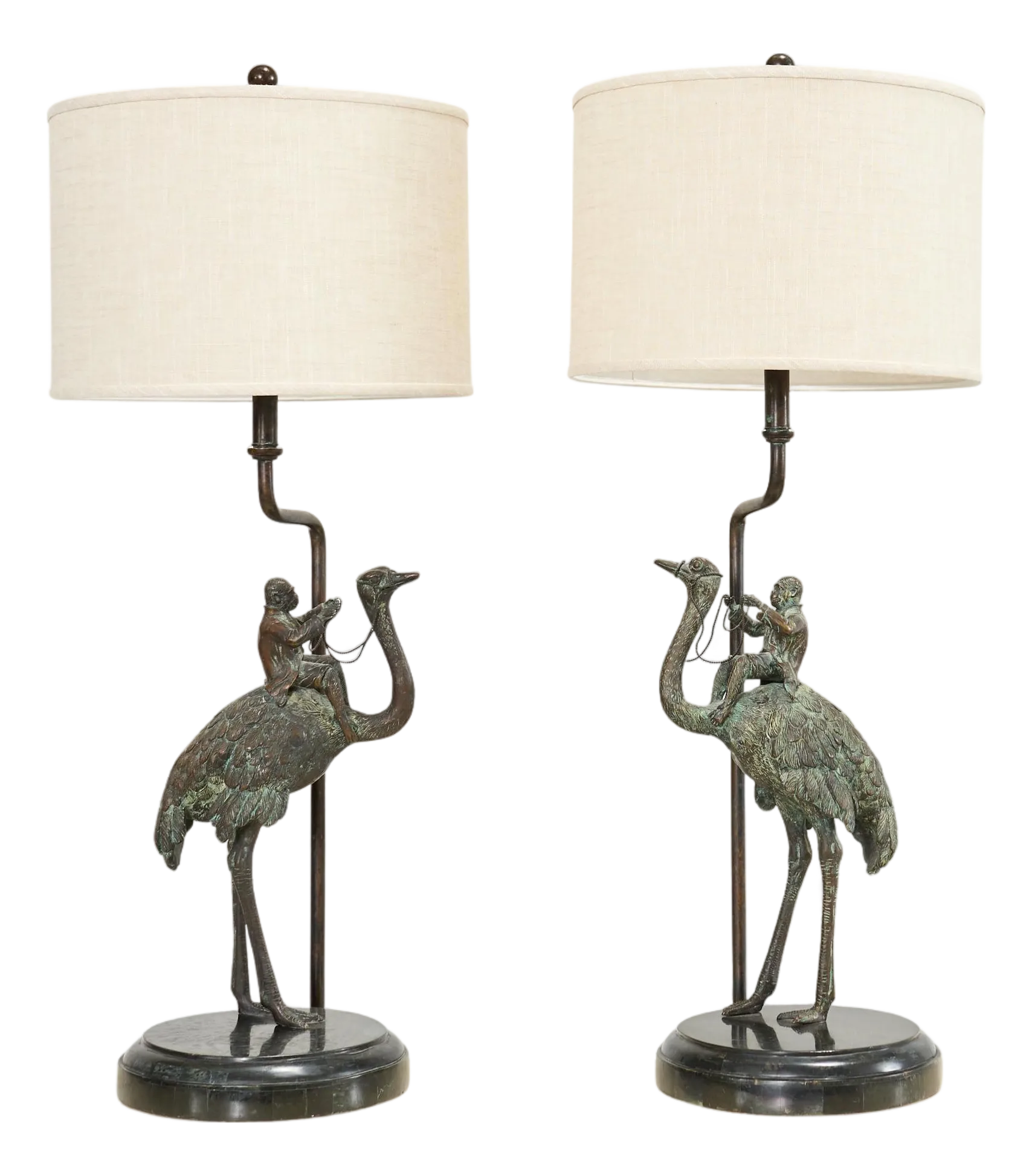 Pair of Maitland-Smith Bronze Monkey Ostrich Table Lamps | Chairish