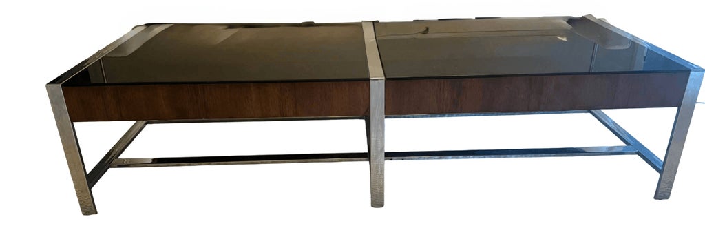 Mid-Century Modern Chrome & Smoked Glass Coffee Table With Walnut 