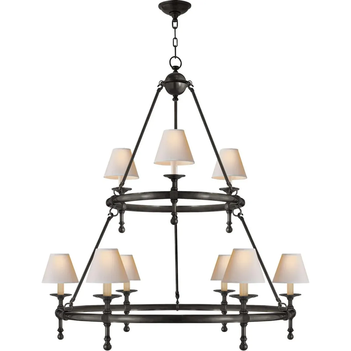 Chapman & Myers for Visual Comfort Signature Classic Two-Tier Ring Chandelier in Bronze with Natural Paper Shades