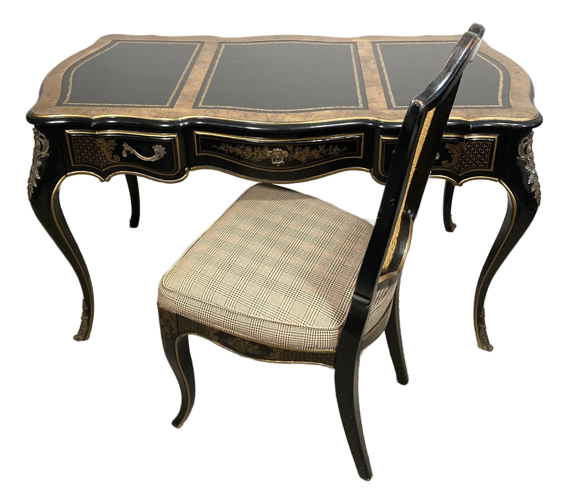 Drexel Heritage Black Lacquer Chinoiserie Louis XV Style Desk and
