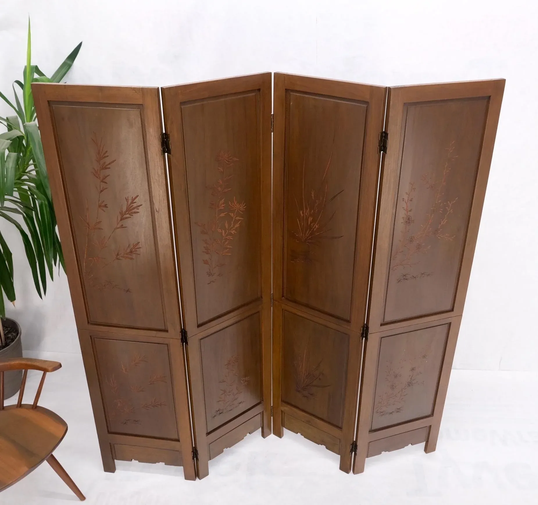 4 Panels Carved Teak Fine Details Room Divider Screen Heavy