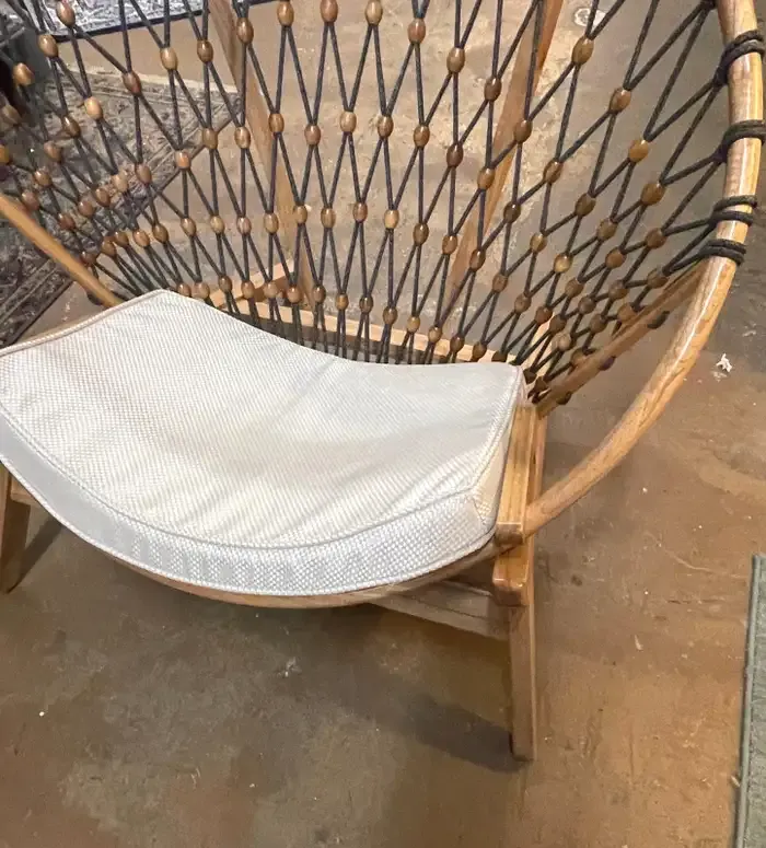 Late 20th Century Modern Round \'Snowshoe\' Wood & Woven Rope Lounge Chair