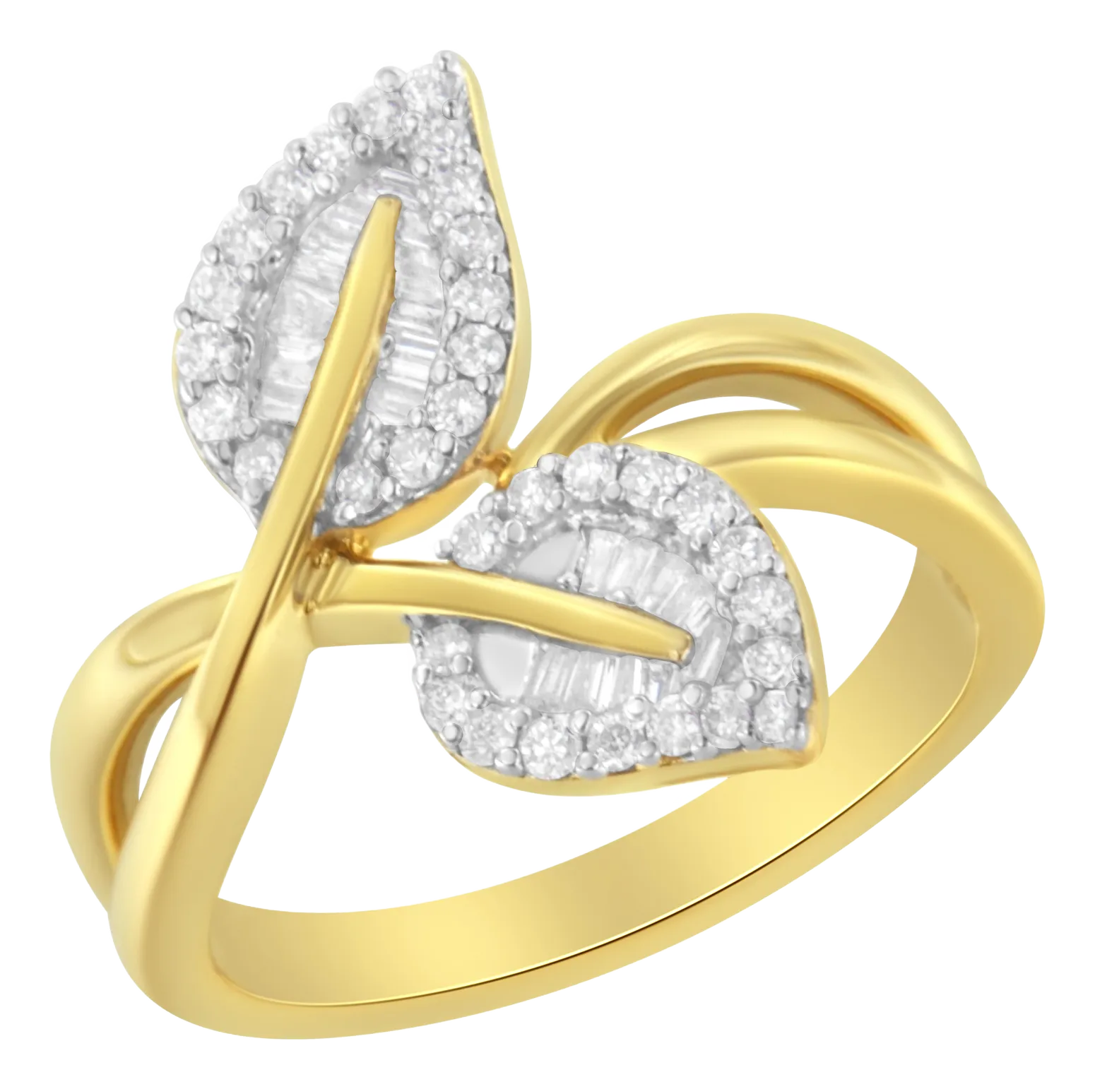 10K Yellow Gold 3/8 Cttw Round and Baguette-Cut Diamond Leaf Cocktail Ring - Size 6 (I-J Color, I1-I2 Clarity)