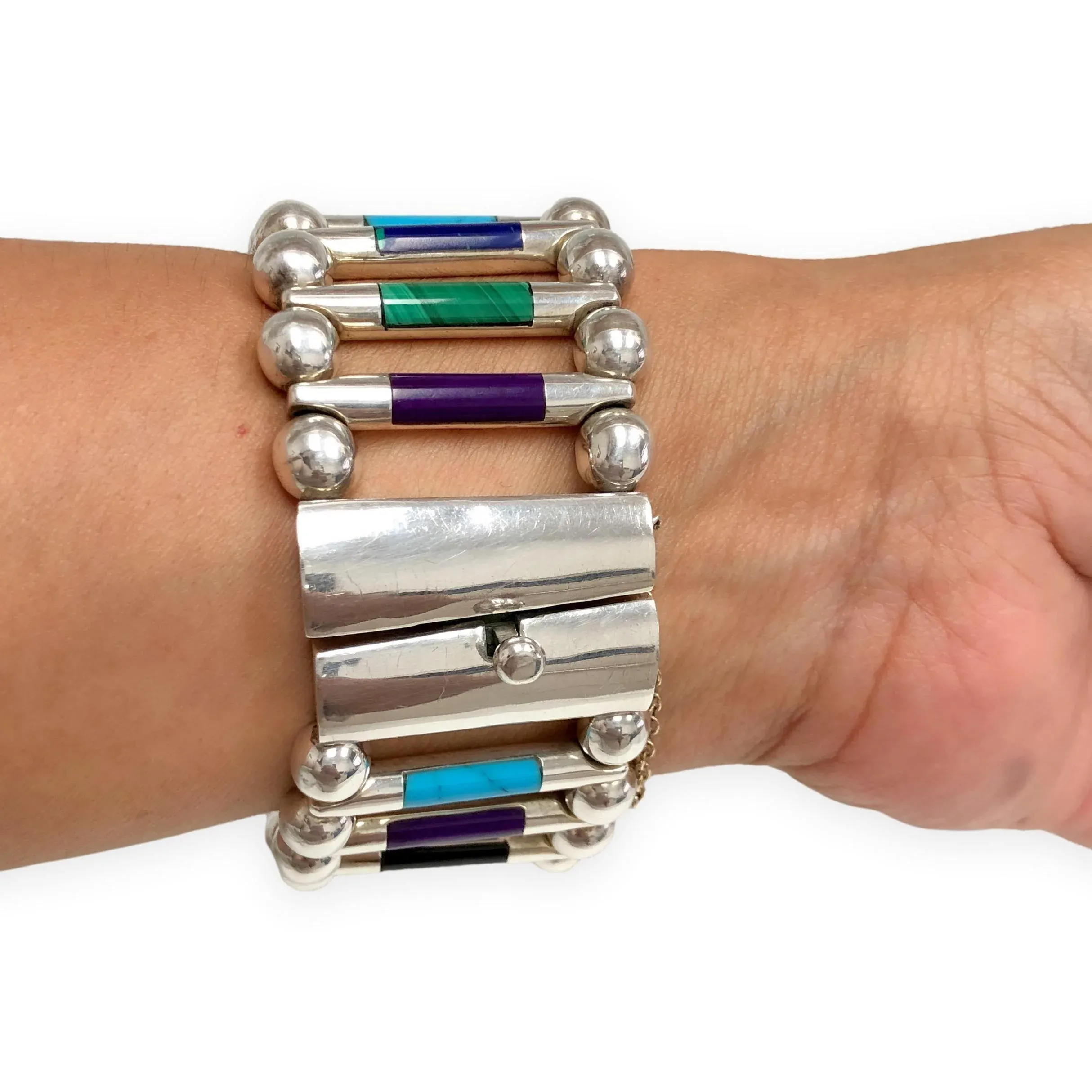 Vintage Tuka Mexican Modernist Silver Gemstone Inlay Bracelet, 1970s, 7.5\