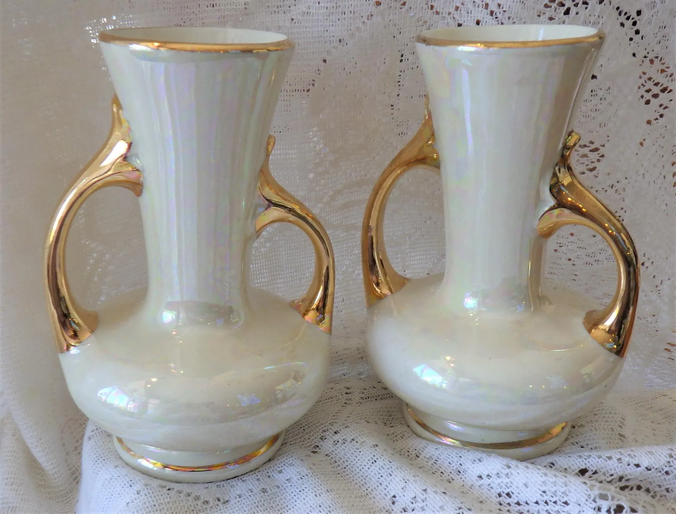 1950s Hollywood Regency Pearl China Co. Hand Decorated 22 K Gold Teapot, Creamer & Sugar, Pair of Vases and Centerpiece Bowl Set- 6 Pieces