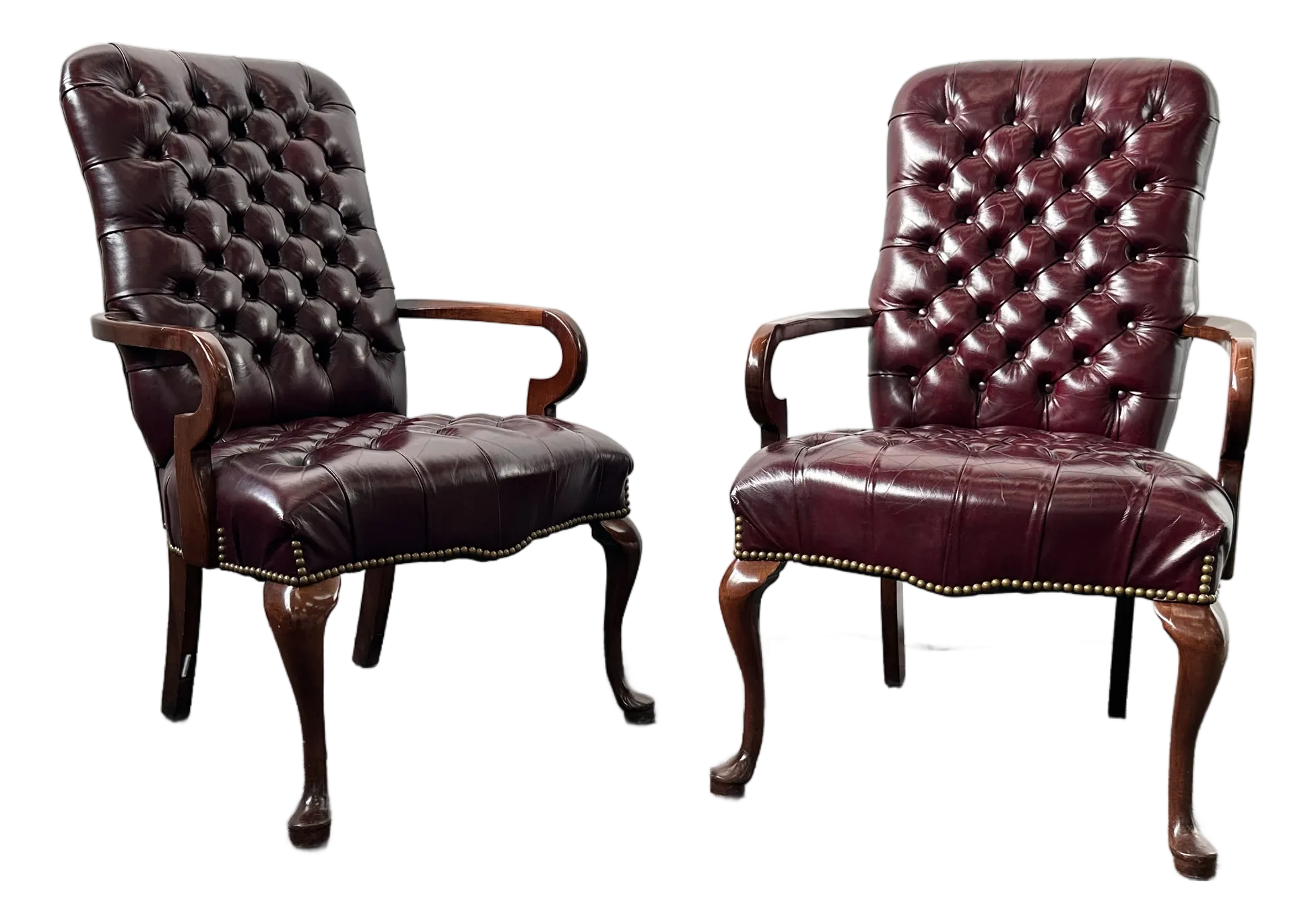 1980s Pair of Southwood Queen Anne Style Shepherd’s Crook Arm Chair (Burgundy Tufted Leather)