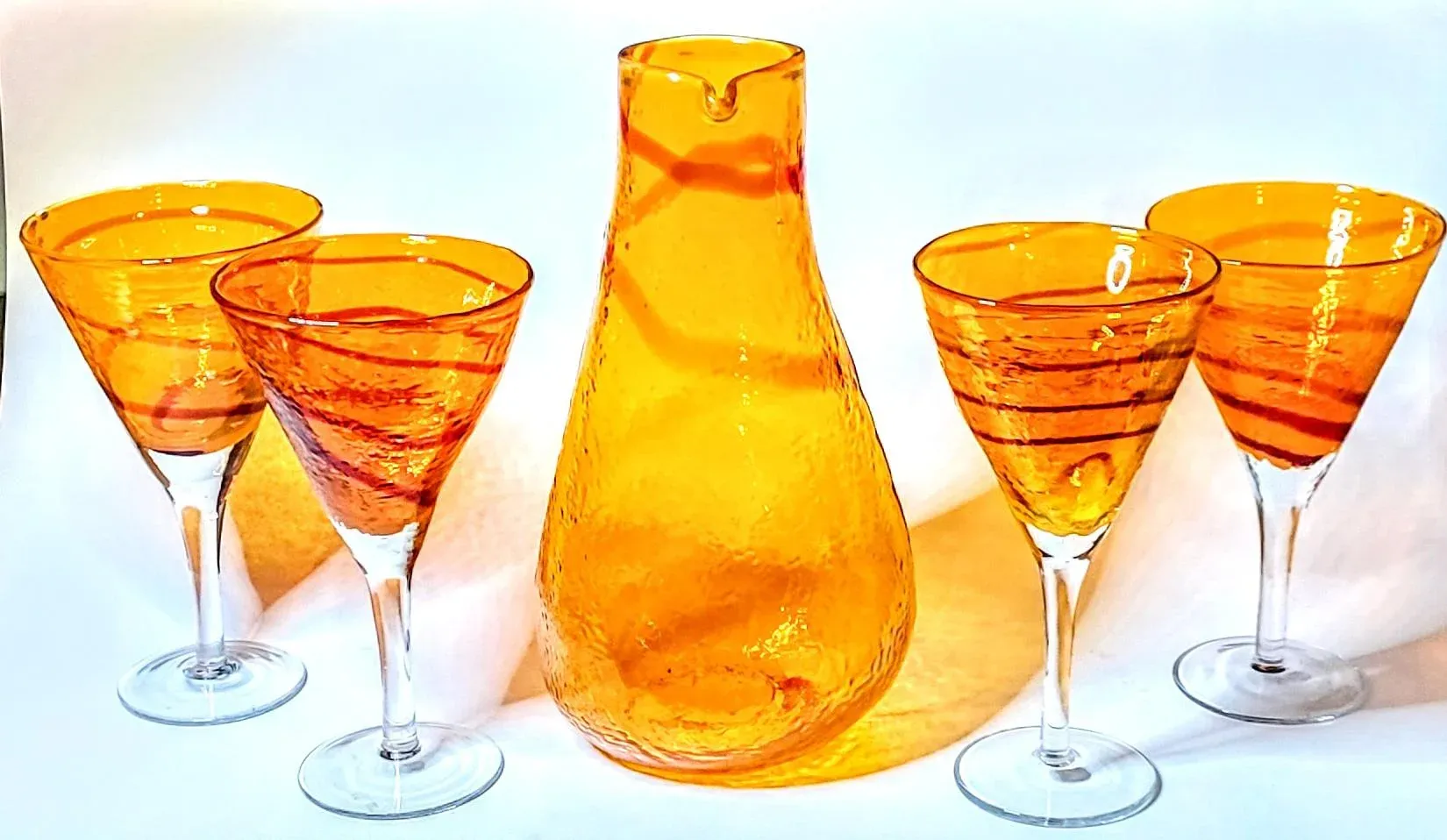 Vintage Orange Peel Art Glass Martini Set With Raspberry Swirls- 5 Pieces