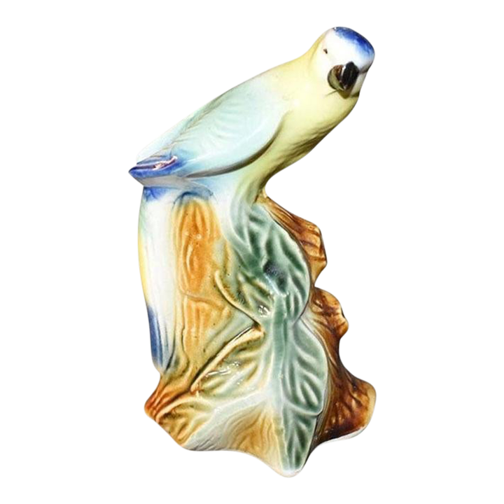 Mid Century Ceramic Parakeet Bird Statue in Blue Green and Yellow