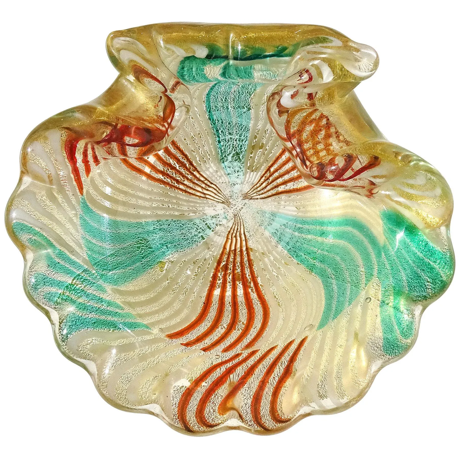 Vintage Murano Green White Orange Mosaic Stripes Gold Flecks