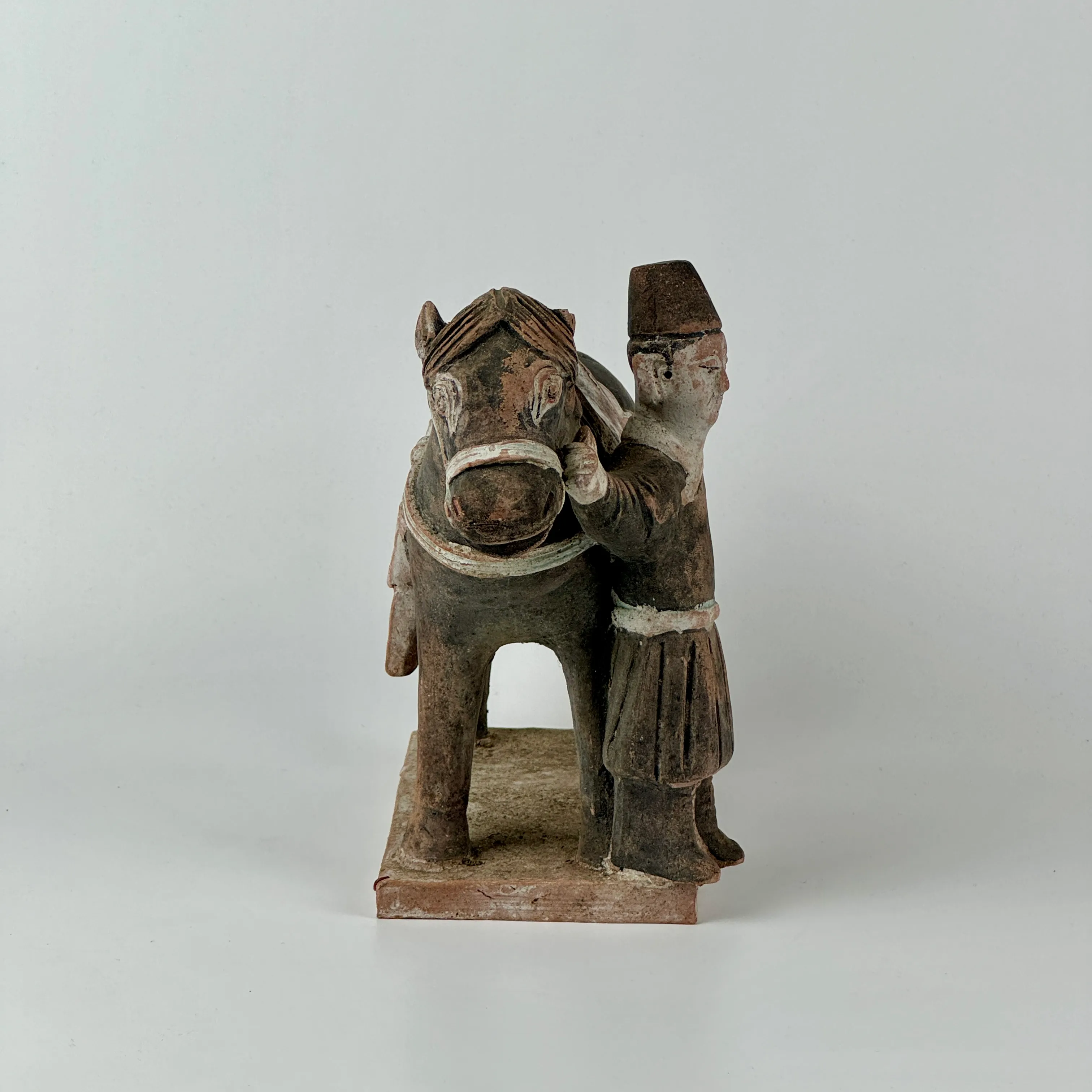 Vintage Chinese Han Dynasty Style Terracotta Horse With Standing Attendant