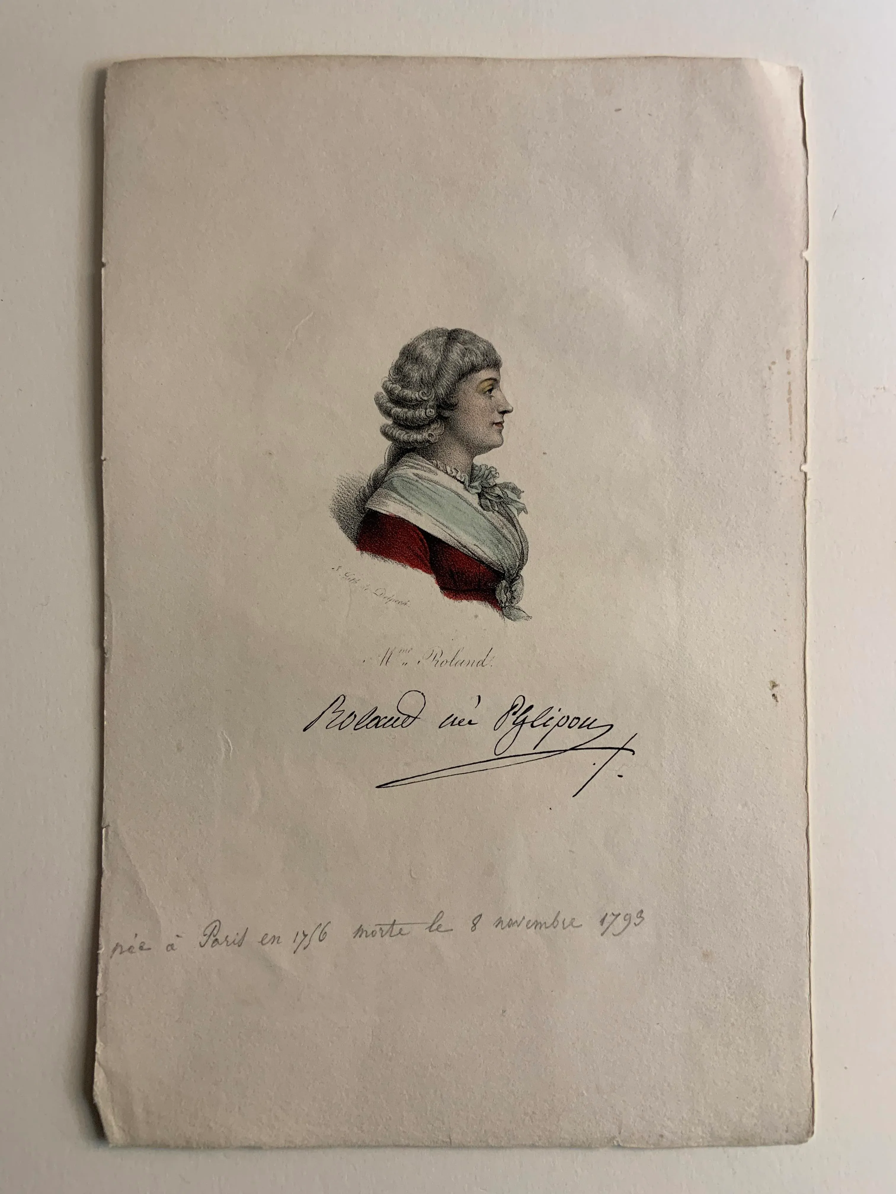 Antique French Hand Colored Lithograph Madame Roland Print