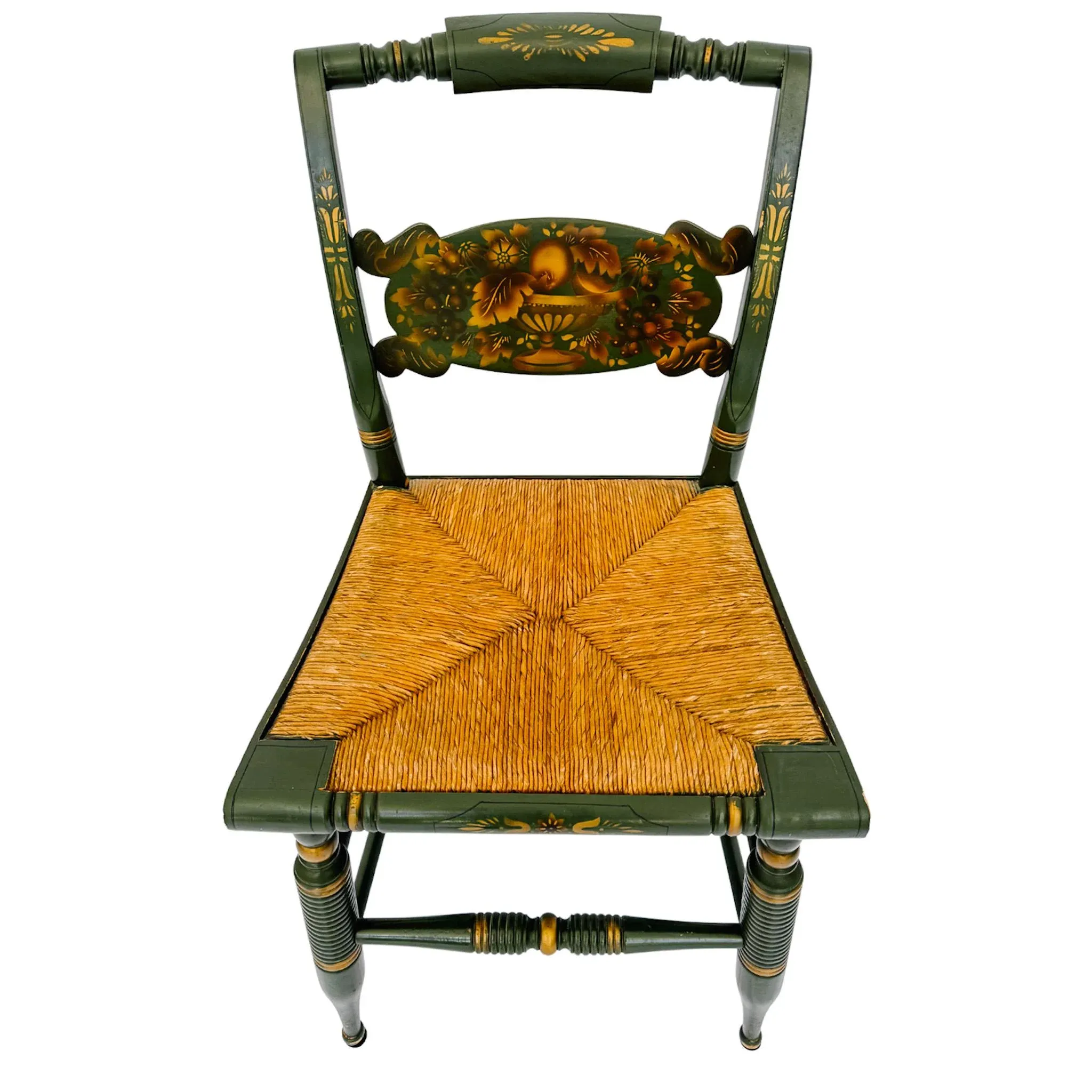 Mid-Century Green Lacquer Hitchcock Windsor Colonial Rush Seat