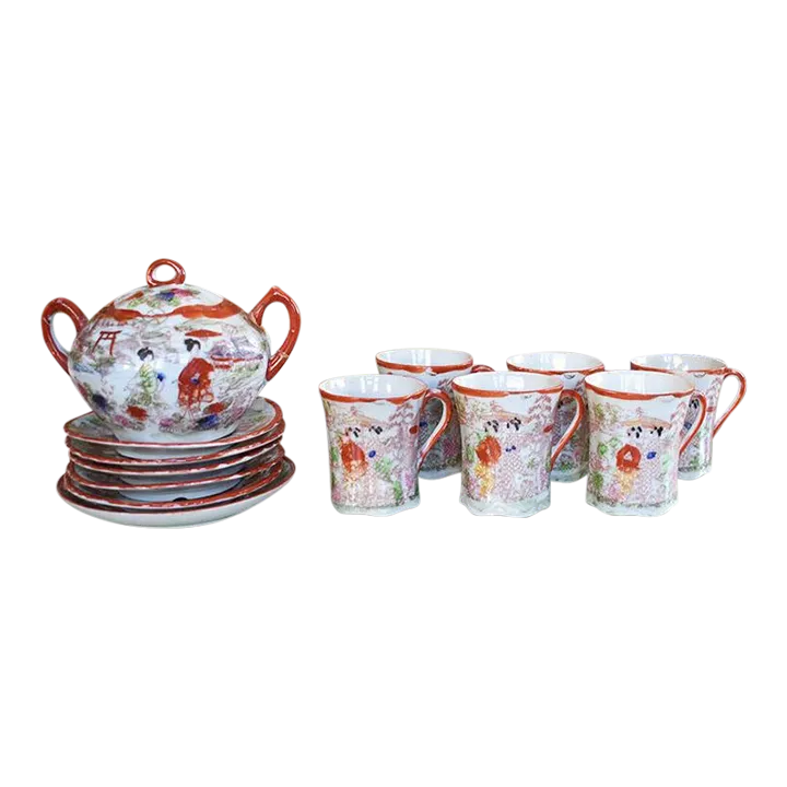 Japanese Geisha and Cherry Blossom Kutani Ware Porcelain Tea Cup and